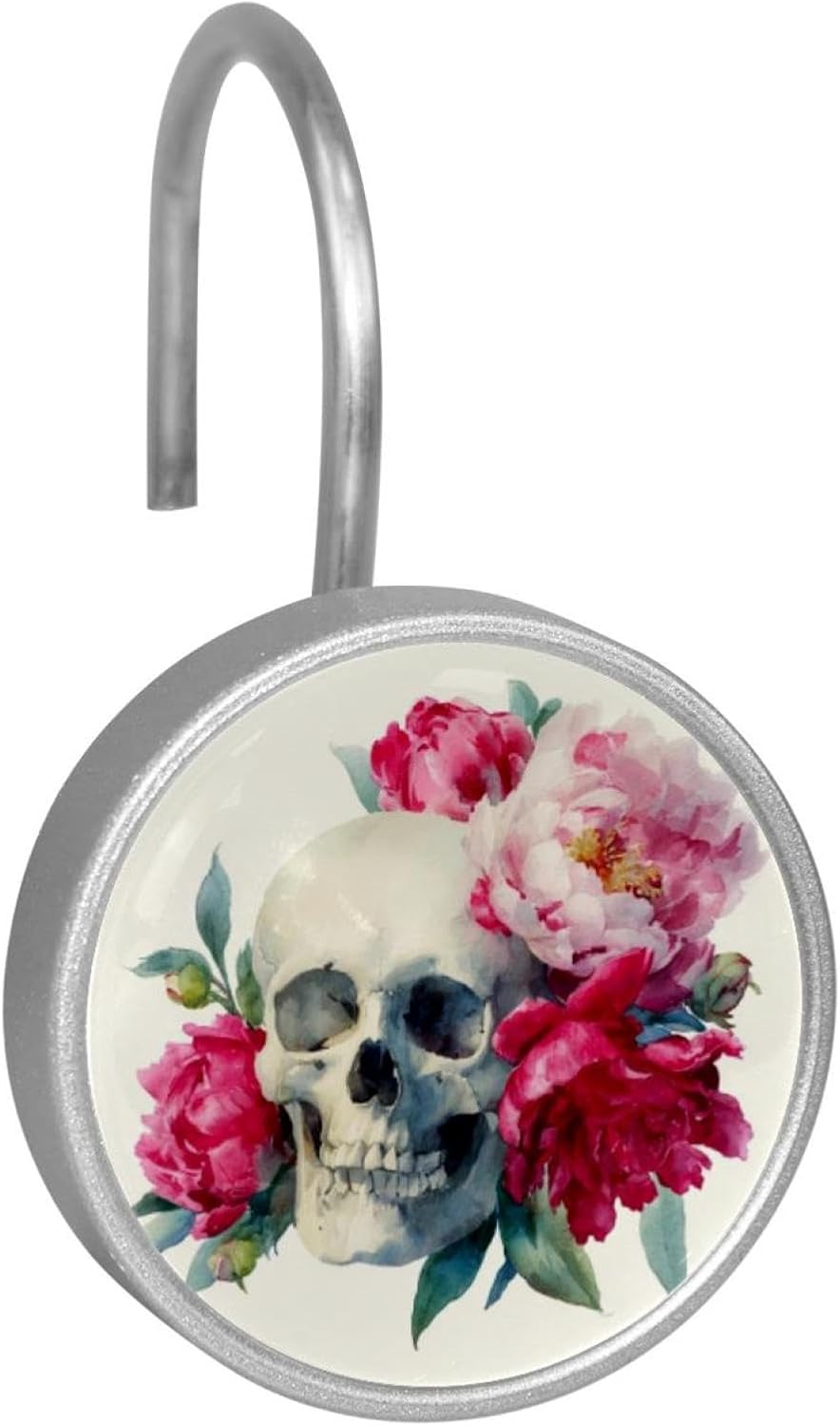 12 Pieces Watercolor Skull and Peonies Flowers (3) Shower Curtain Hooks Rings, Stainless Steel Shower Hook Hanger Rings for Bathroom Living Room Bedroom Home Decor