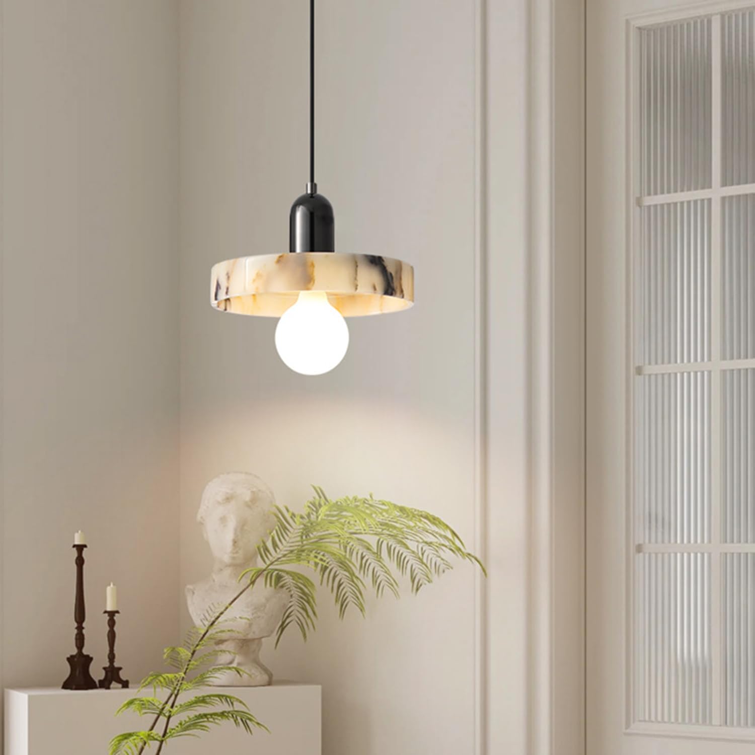 Lampade a sospensione in marmo naturale for camera da letto Minimalismo italiano 9,8 pollici Lampada a Base con venature Lampadario Paralume circolare in pietra