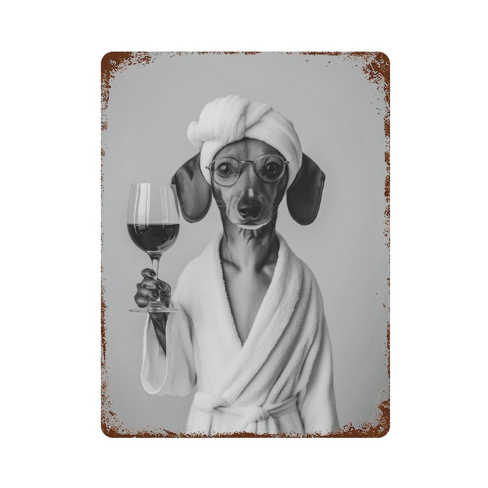 xiaoxiaoshen Dachshund in Bathrobe With Wine Print Wall Decor Art Metal Tin Poster Modern Home Decor Art Home Bar Shop Decorations Vintage Sign 40x30cm