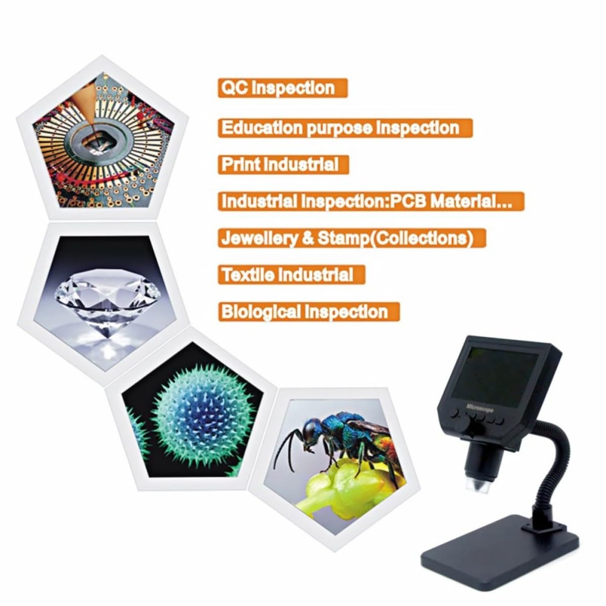 Digitales Mikroskop G600 mit 1080p und 3.6mp Ccd, Schwarz | Lcd Bildschirm, Foto und Videoaufnahme, Loop Recording, Automatische Abschaltung, 8 Led, Lithium Batterie