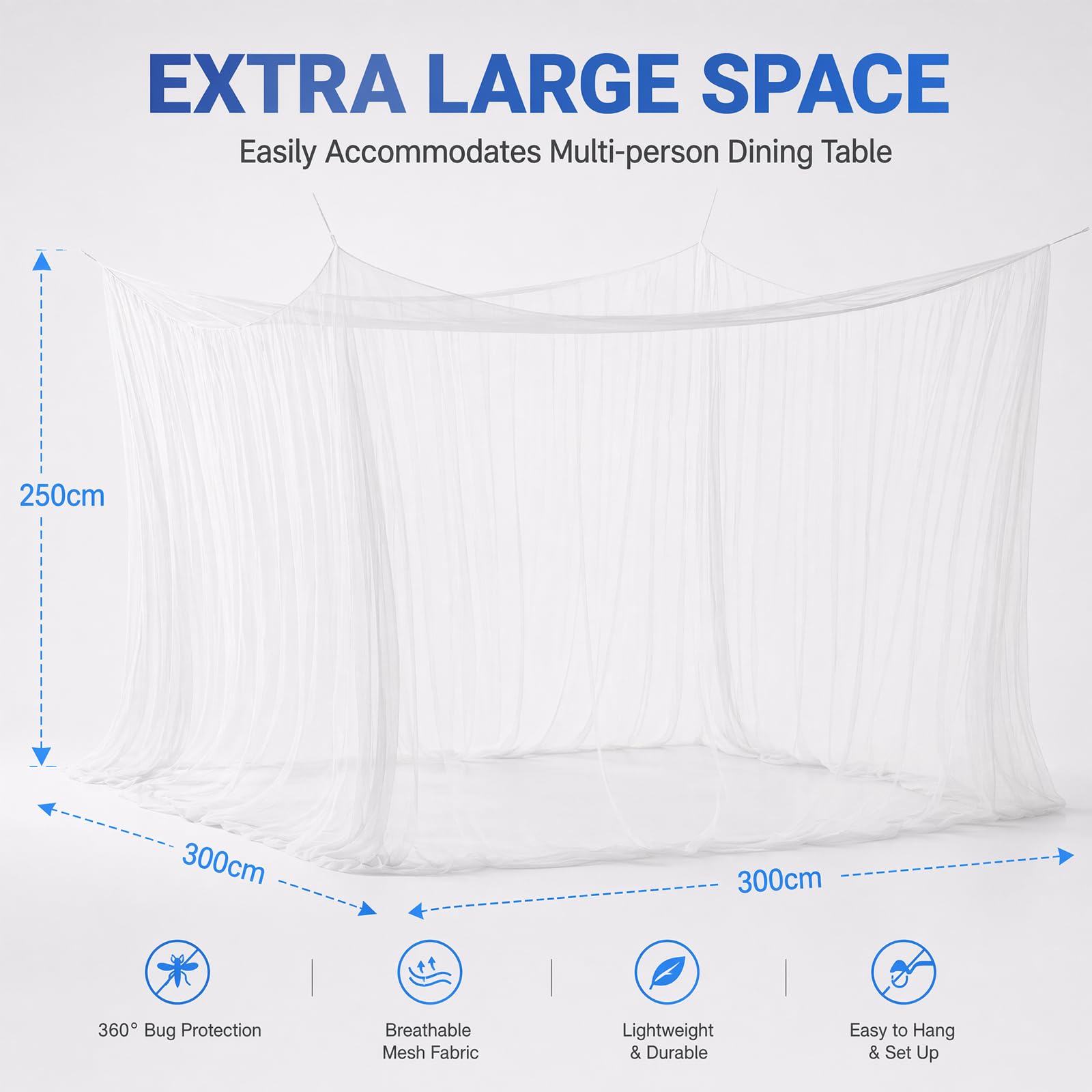 Moskitiera XXL, 300 x 300 x 250 cm, moskitiera XXL, do użytku na zewnątrz, podwójne łóżko, podróżna, ochrona przed owadami do pawilonu, ogrodu, na taras, kemping, 220, drobna siatka z 1 drzwiami
