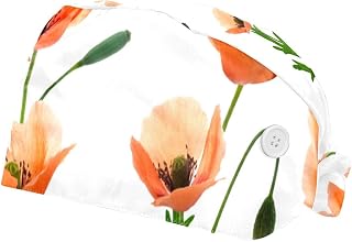 2 Pieces Working Hat with Buttons Adjustable Sweatband Bouffant Hats Unisex Tie Back Hats Blooming Flowers Orange