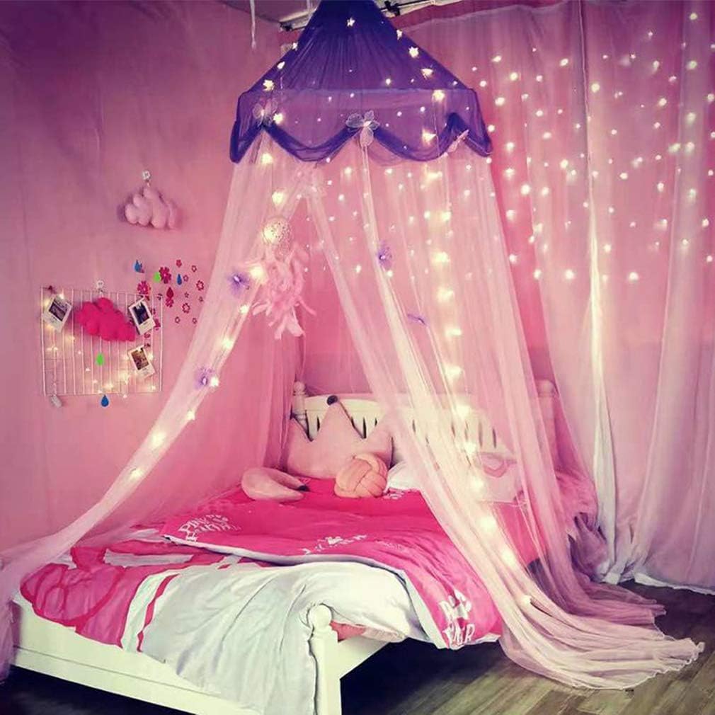 Bed Canopy with Lights, Twin to King Size, Purple and Pink