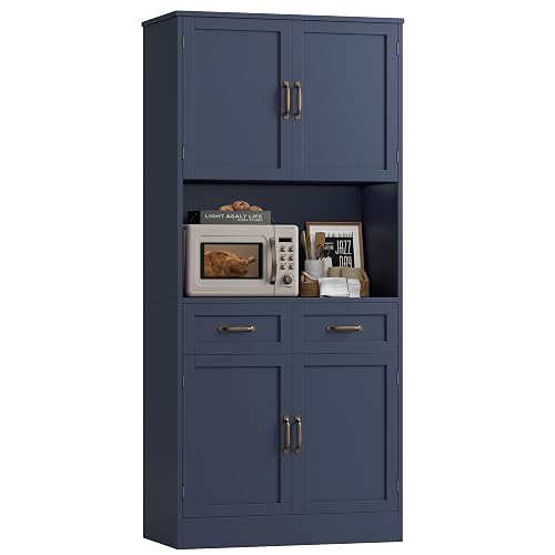 HOSTACK 71' Tall Kitchen Pantry Storage Cabinet, Wood Kitchen Hutch, Blue | Modern Pantry Cabinet with Microwave Stand,