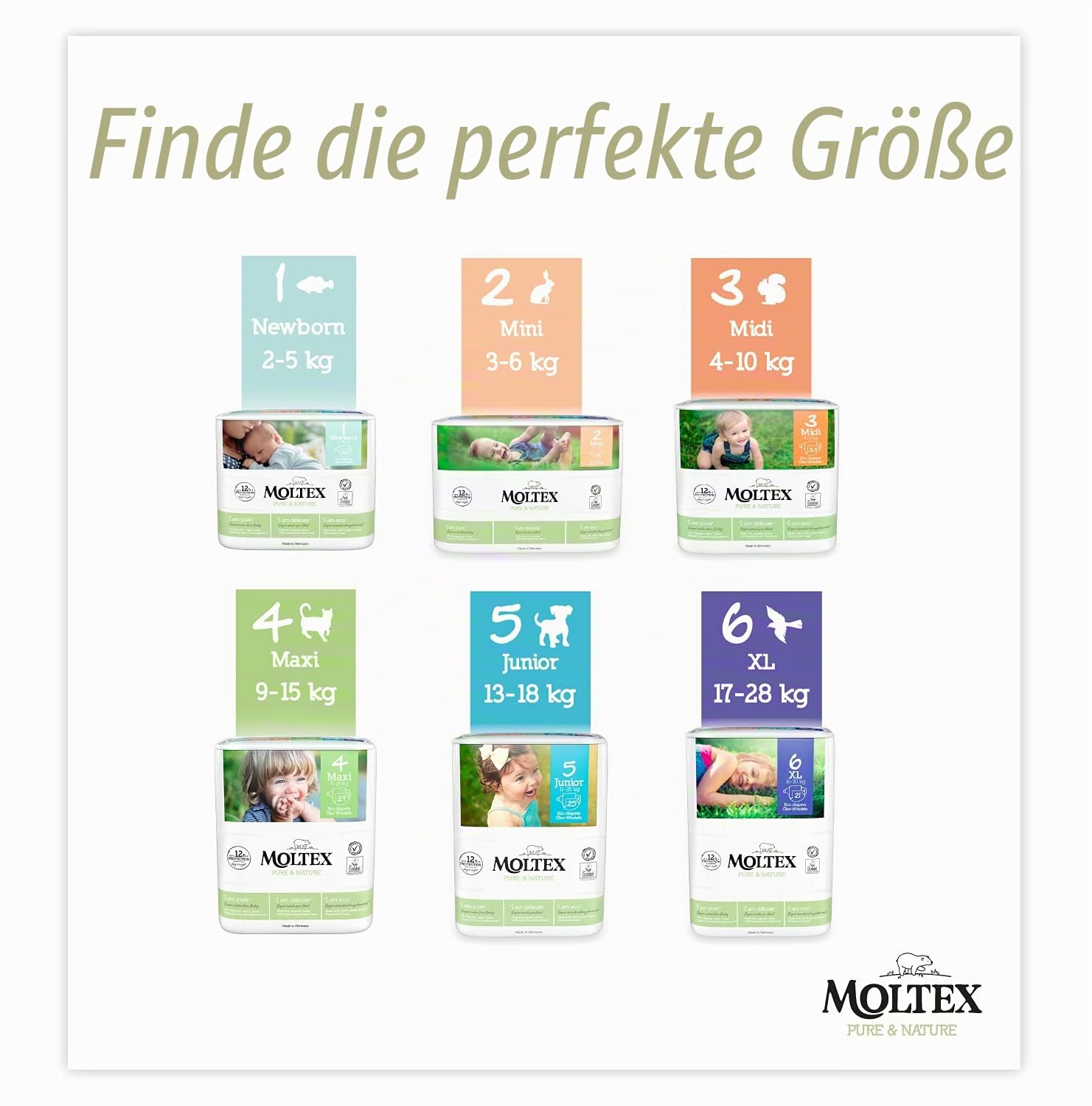 Moltex Pure & Nature Ökologische Windeln, Größe 6 (17-28 kg), 140 Windeln (4 Beutel à 35 Stück), weiß mit gedrucktem Design