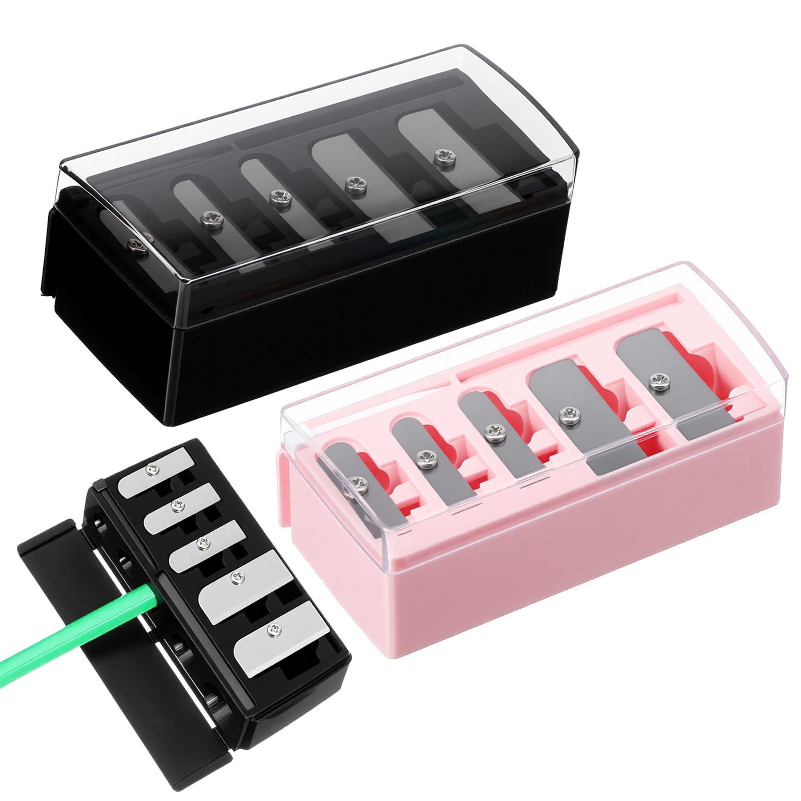 Ouligay 2 PCS 5 Hole Makeup Pencil Sharpener for Women Cosmetic Pencil Sharpeners for Lip Eyeliner Eyeliner and Eyebrow Make up Sharpener Tool with Plastic Lid Black and Pink