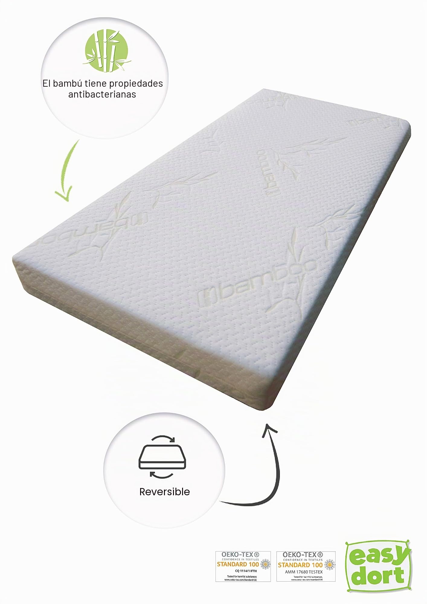 Easy Dort – Colchón de Cuna para bebé, 50 x 100 cm, Cuna – Funda de bambú | Verano e Invierno | Doble Cara | Muy cómoda | Oeko Tex® | Blanco