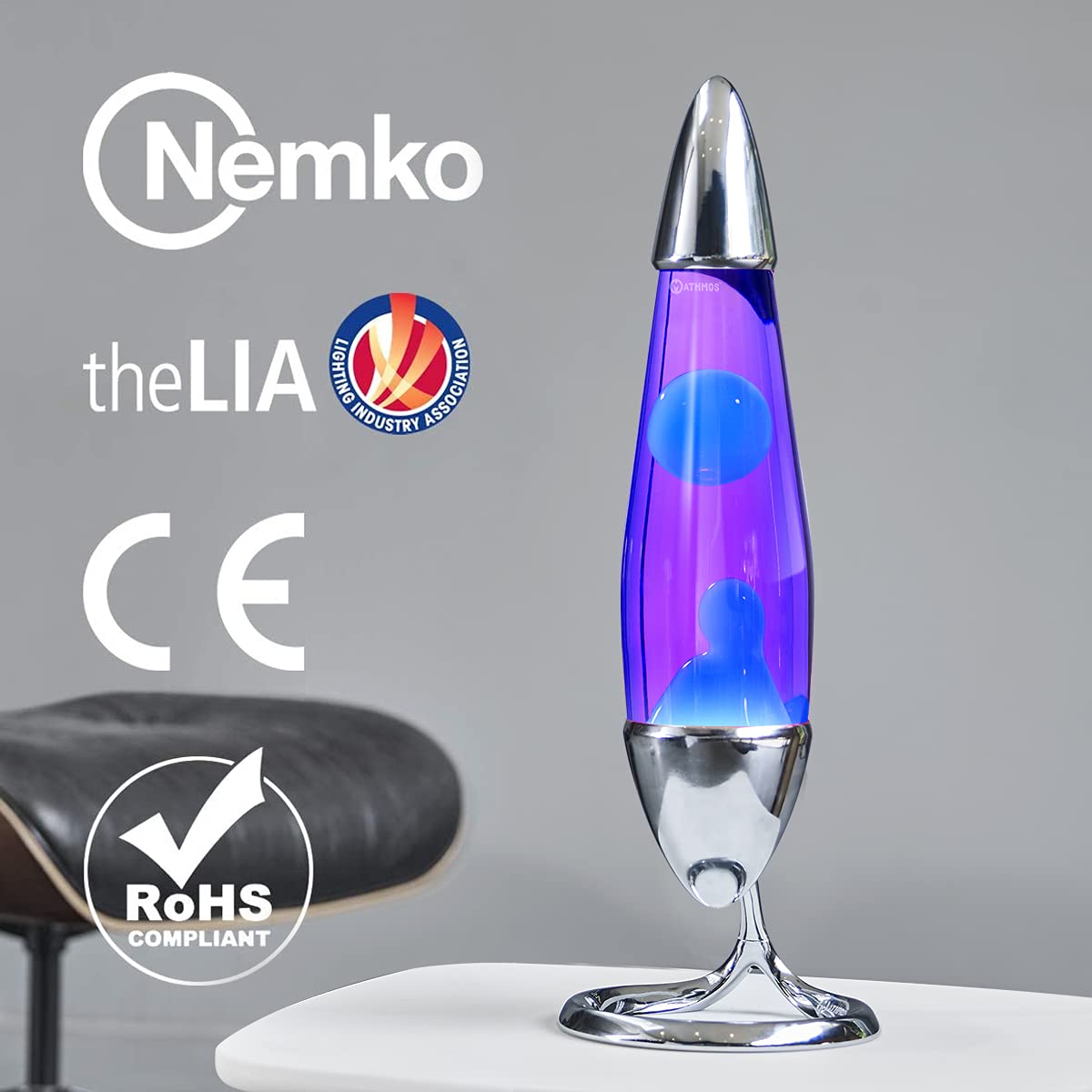 Mathmos Lampada lava Neo argento, testata come sicura per bambini | Lampade Viola e Turchese a bassa temperatura e con sicurezza integrata | Lava durevole riempita a mano in Gran Bretagna