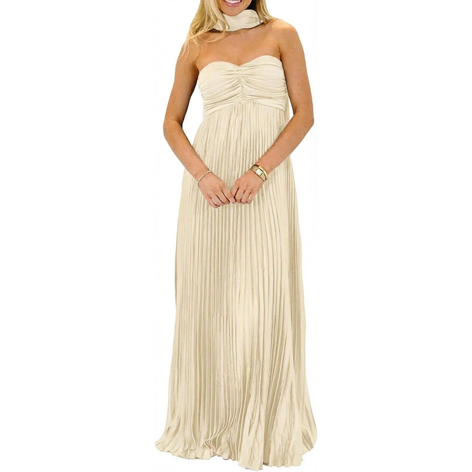 Women Bridesmaid Dresses with Scarf Strapless Pleated Flowy Solid Long Formal Wedding Guest Dress Womens Fall Dresses