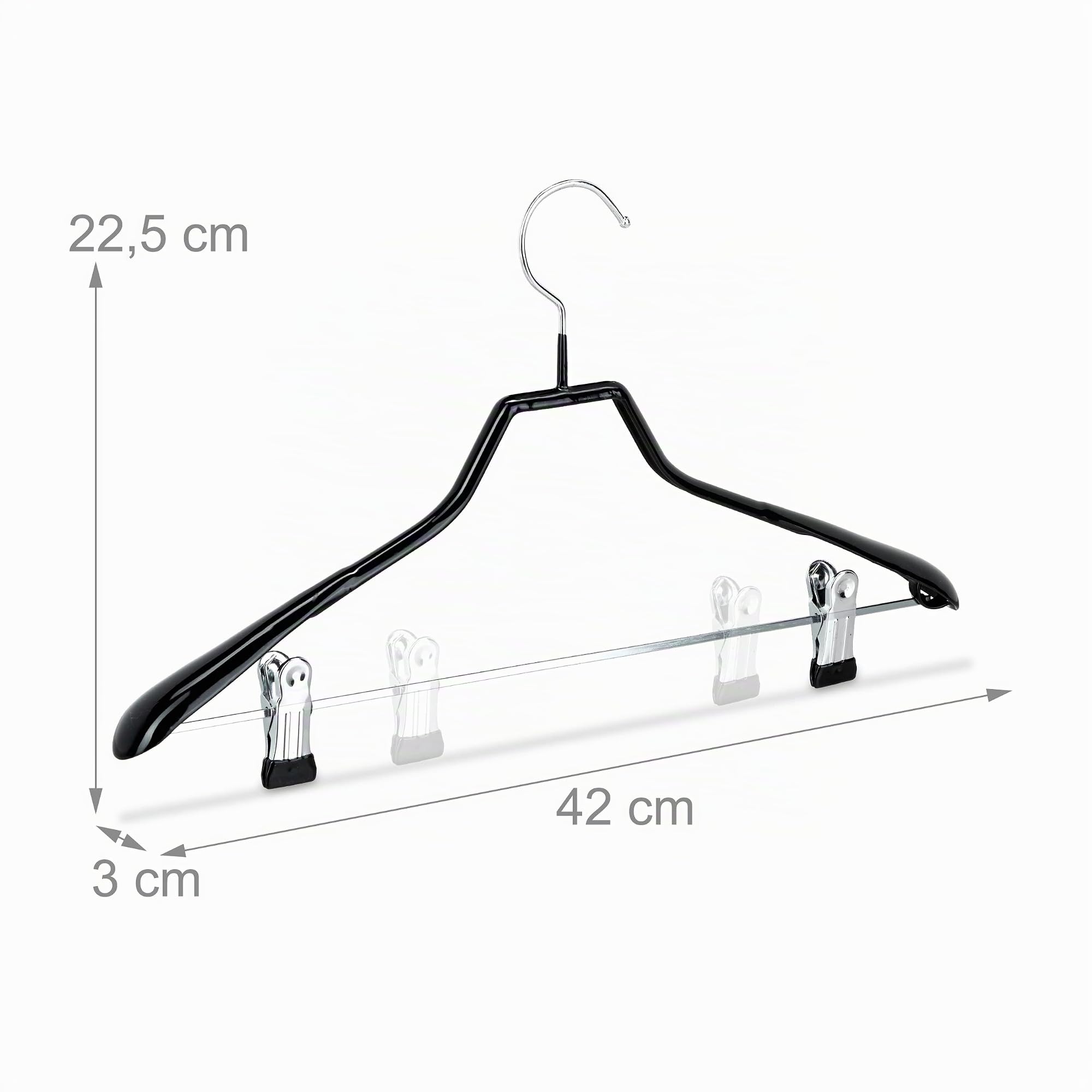 Relaxdays Pack de 10 Perchas Ropa Antideslizantes con Pinzas, Metal y PVC, Negro, 42 cm