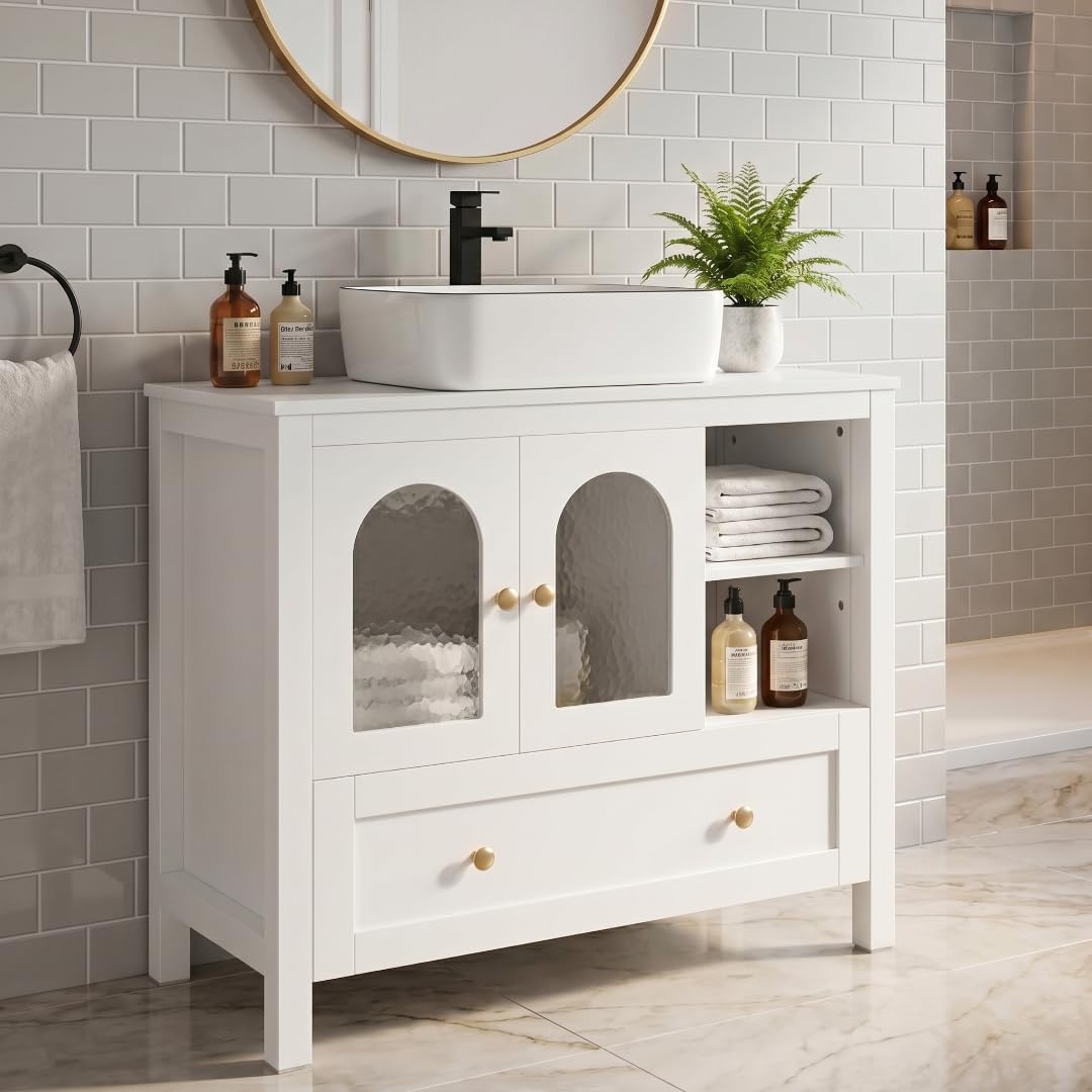 36'' Bathroom Vanity with Sink, White Freestanding Vanity Sink Cabinet with Drawer and Water Ripple Doors, Modern Bathroom Storage Cabinet with White Ceramic Sink Top