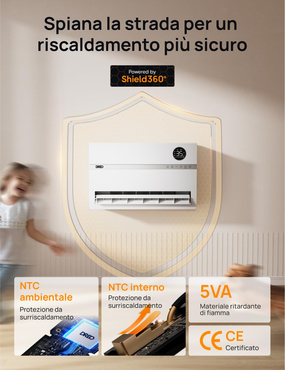 Dreo Radiateur mural intelligent, chauffage électrique pour chambre, oscillation verticale 120°, thermostat réglable, télécommande, minuterie 24h, installation facile, compatible Alexa, WH719S