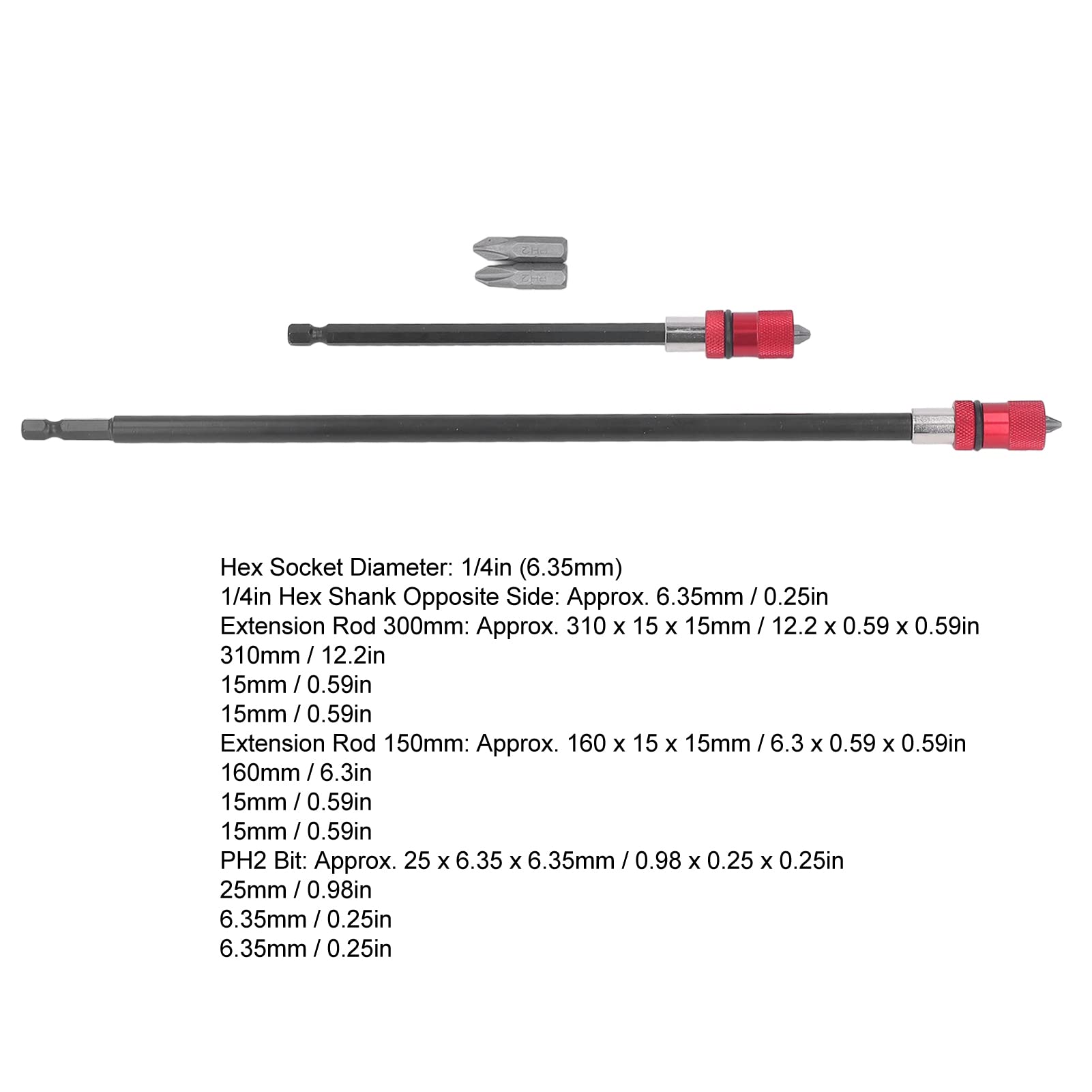 Extensión Magnética PH2 Conexión Estable Juego de Extensión de Brocas de Liberación Rápida para Taladros Eléctricos Destornilladores, Aleación de Aluminio 1/4 Hexagonal 2 Piezas 150 Mm 300