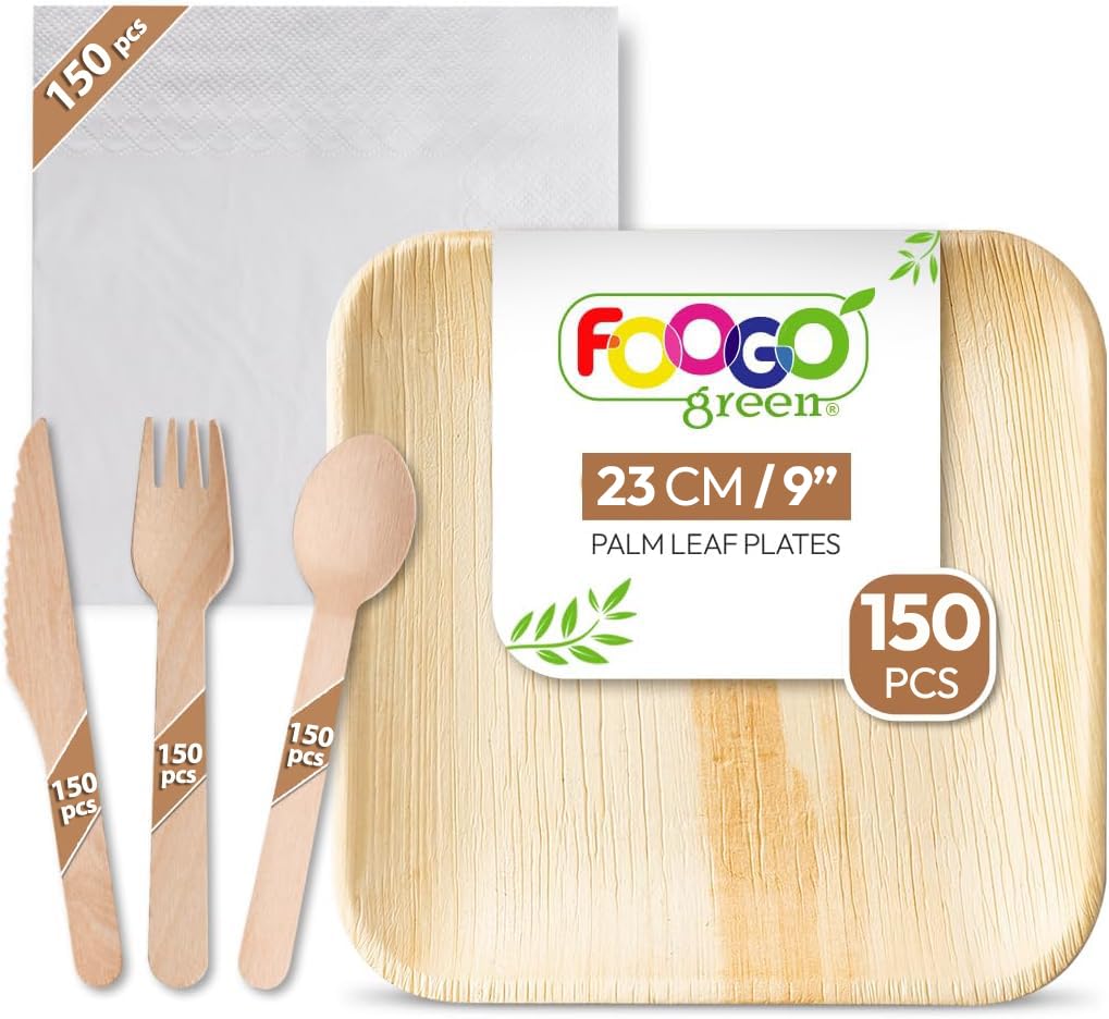 FOOGO Green 750pcs Disposable Palm Leaf Plates, Wooden Cutlery Set and White Napkins, FSC® Certified, 150x Large Square Plates, 150x Forks, 150x Knives, 150x Spoons, 150x White Napkins Eco Friendly
