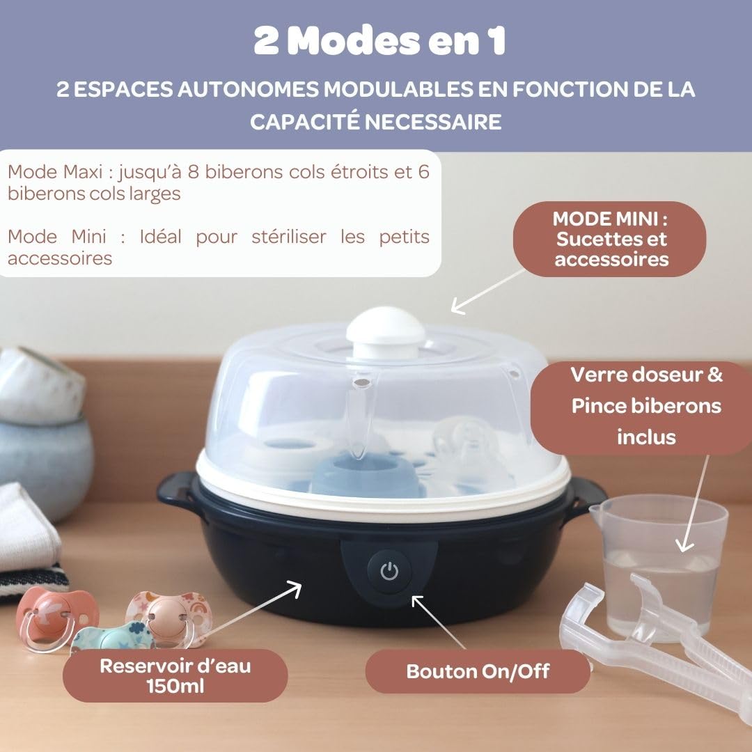 BÉABA, Stérilisateur Biberons 2 en 1, Evolutif, Électrique à Vapeur, 2 en 1, 2 Compartiments, Jusqu'à 8 biberons & Accessoires, Ultra rapide, Minuterie, Stéril'Express, Night Blue