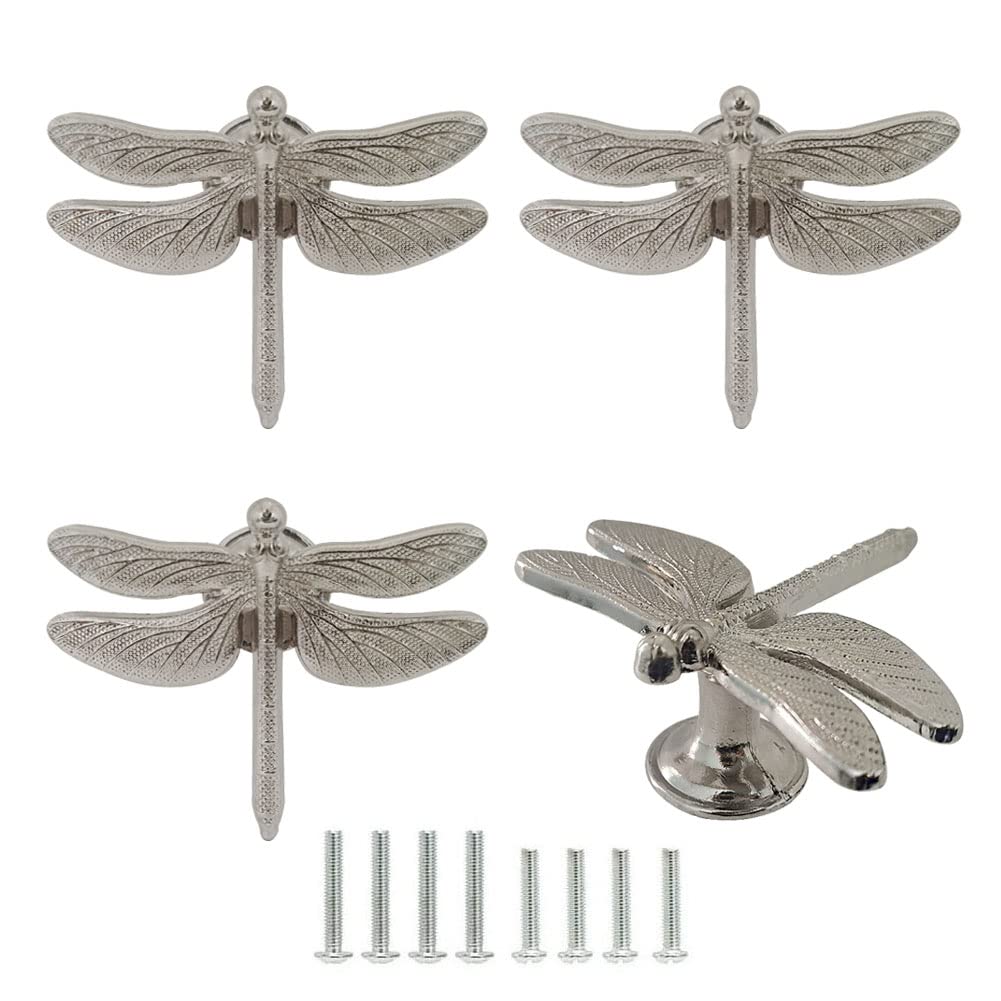 brandname Dragonfly Drawer Knobs 4 Pcs Beautiful Dragonfly Shaped Cabinet Pull Wardrobes Closets Bedside Tables Bookcases Cupboards Dresser Furniture Decoration Handle for Kitchen Bedroom (Silver)