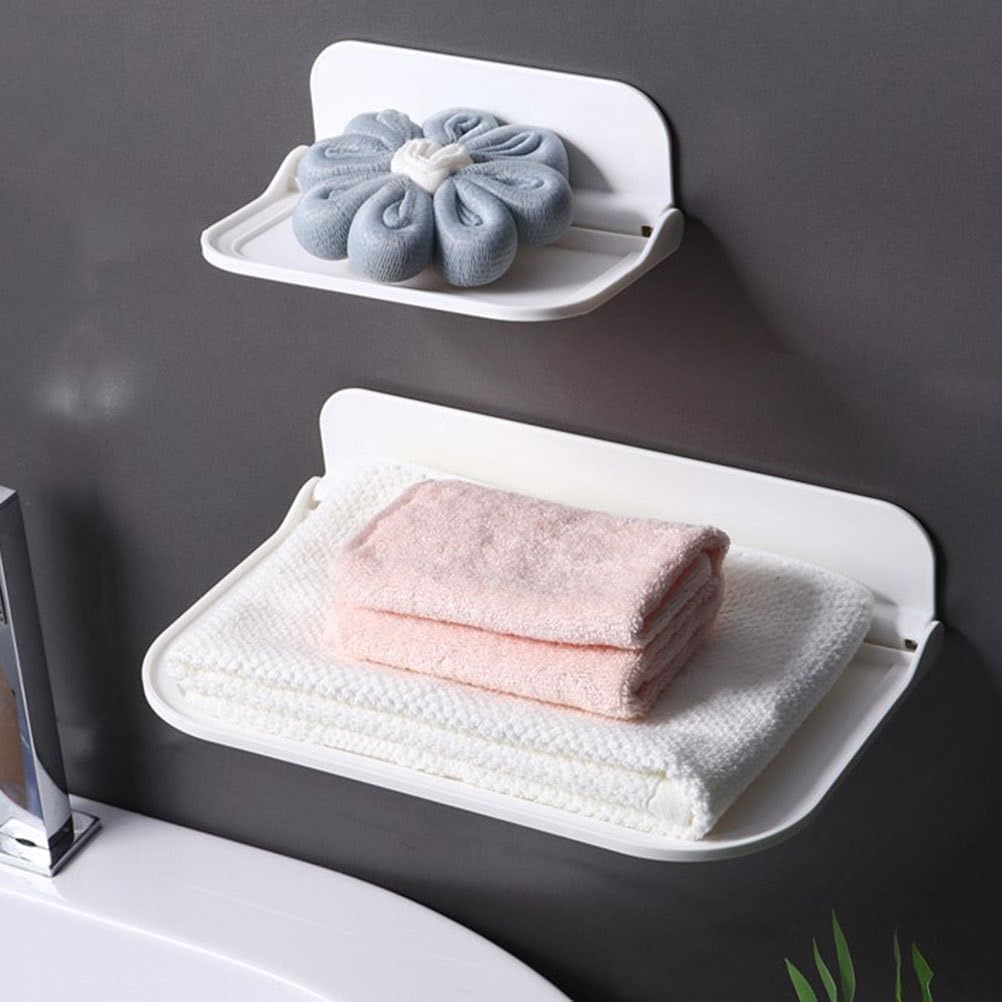 LONGRUI Folding Wall Mounted Shelf, Adhesive Plastic Bathroom Storage, 90 Degree Fold Up Design (White, S?7 * 4 * 3inch)