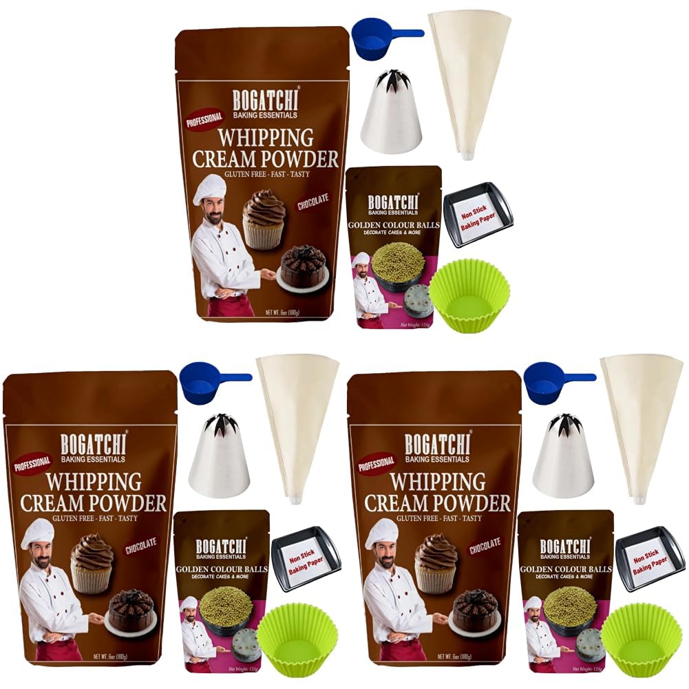 BOGATCHI Chocolate Whipping Cream Powder & Golden Color Balls Kit | Ideal for Cake Decoration, Desserts & Baking – 200 gm (Pack of 3)-image-46