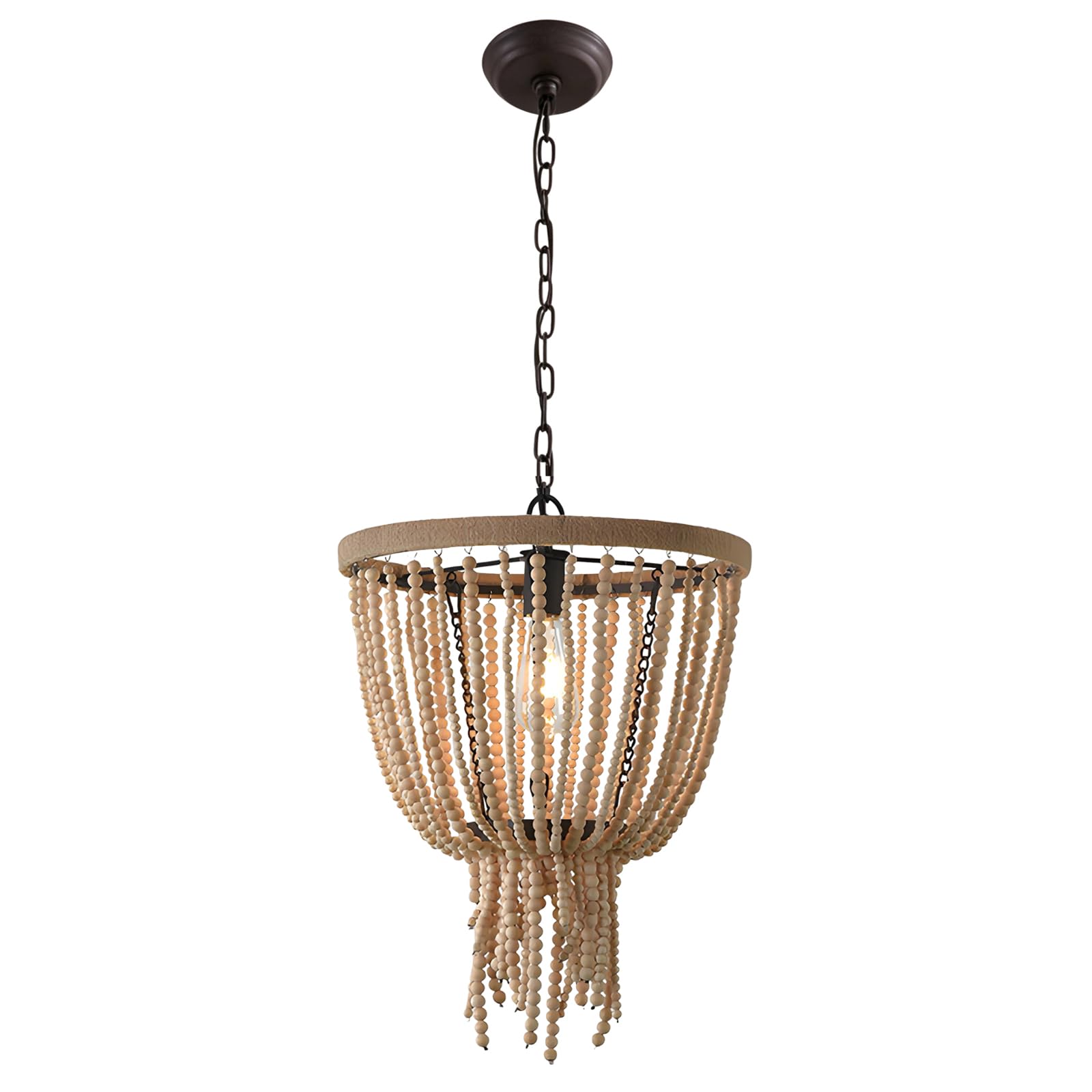 WLBHWL 15.9" Boho Wood Beaded Ceiling Light Bohemia Antique Rustic Hanging Ceiling Lighting Fixture Adjustable Chain Farmhouse Chandelier for Bedroom Kitchen Island Dining Living Room