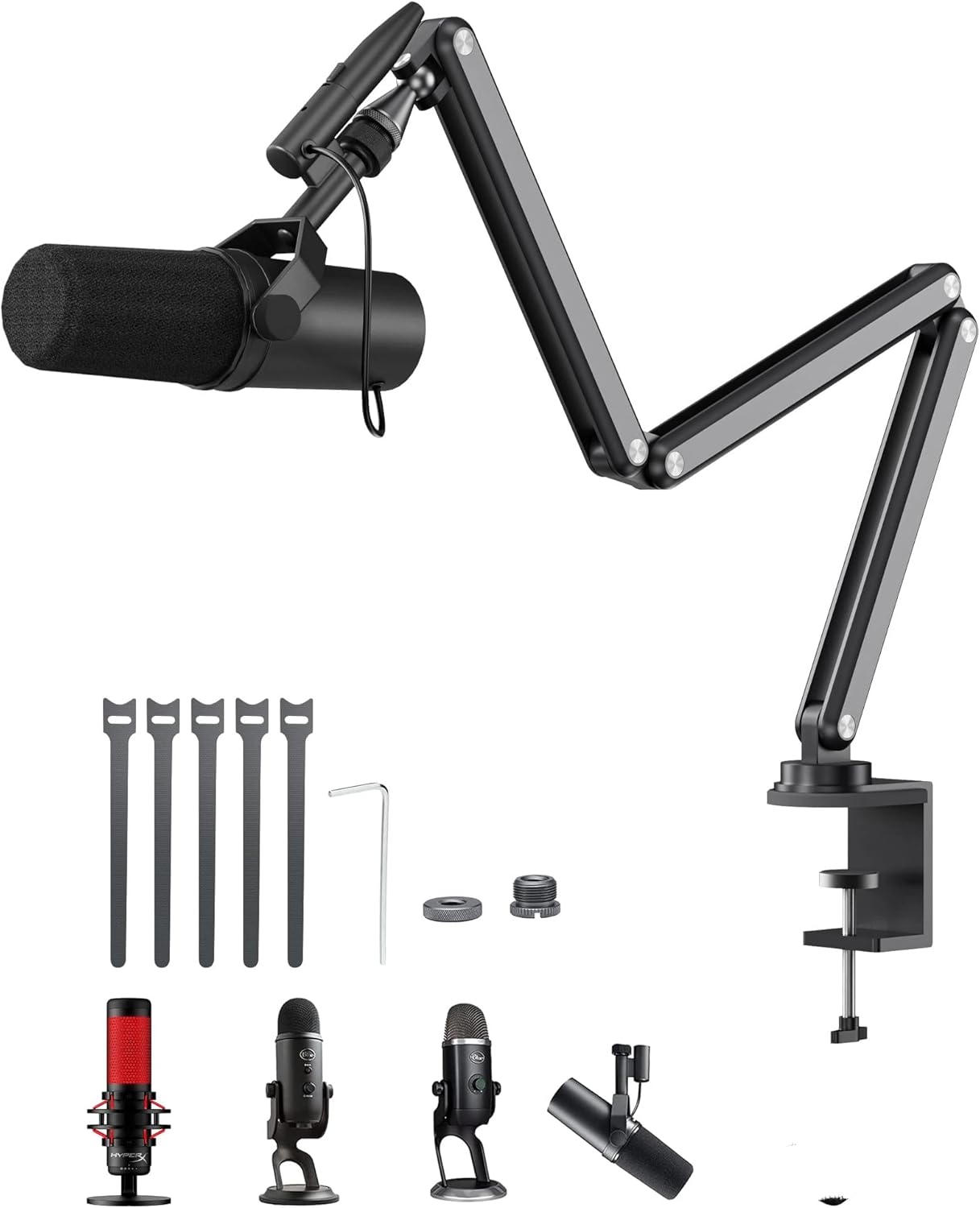KU XIU Aluminum Alloy Boom Arm Microphone Stand for Desk, Three-Section Adjustable Mic Arm Mount with Cable Management Channels for Desktop Podcasting, Recording, Streaming, Gaming, Home Office-Gray
