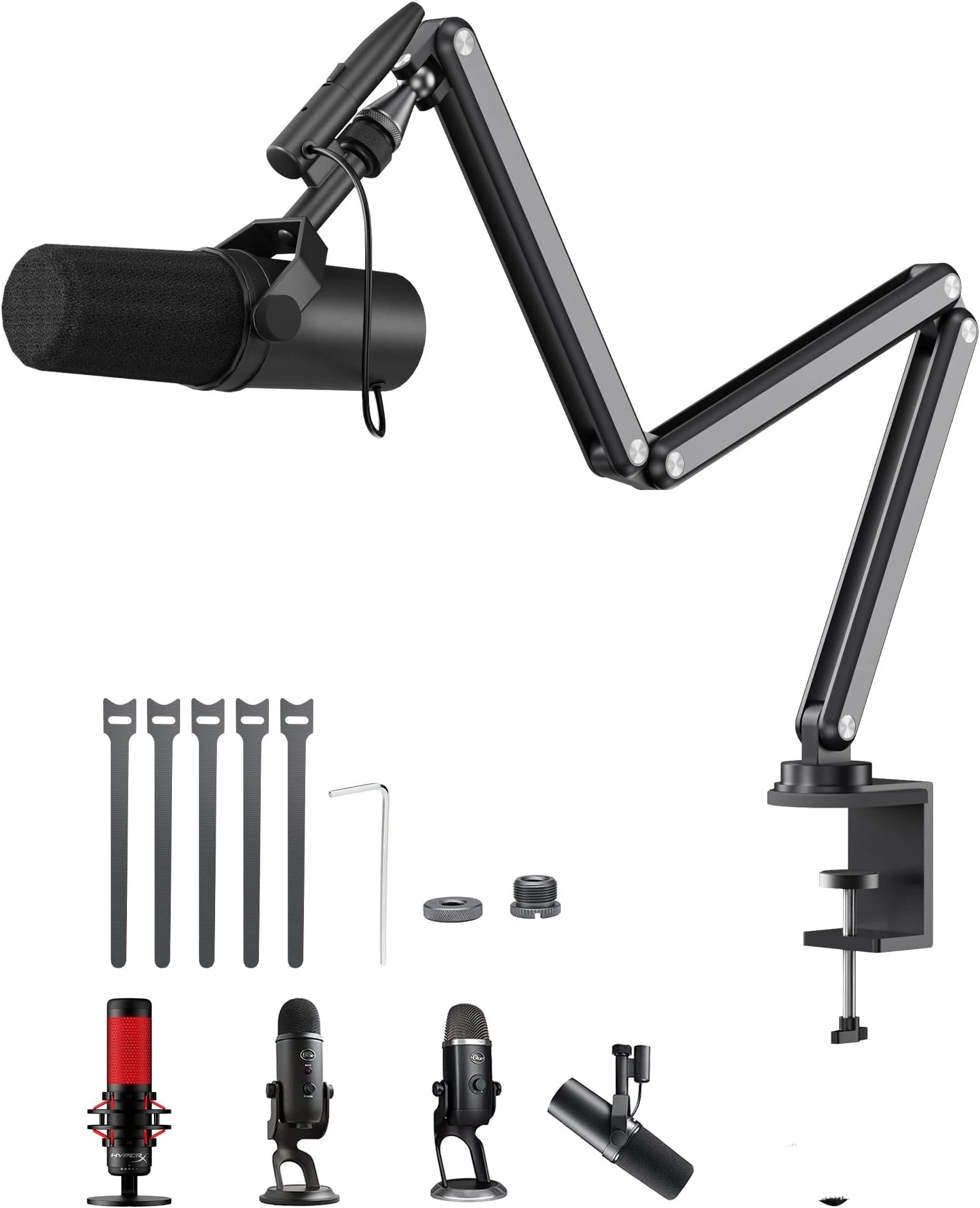 Aluminum Alloy Boom Arm Microphone Stand for Desk, Three-Section Adjustable Mic Arm Mount with Cable Management Channels for Desktop Podcasting, Recording, Streaming, Gaming, Home Office-Gray
