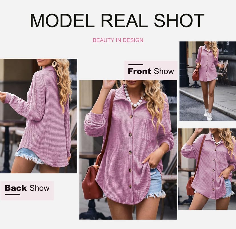 Image of Dokotoo Womens Waffle Knit Shacket Jacket Casual Button Down Shirts Tops | Long Sleeve,Loose Fit,Boyfriend Style,Collared V Neck,Fall Cardiga,Outwear with Pockets