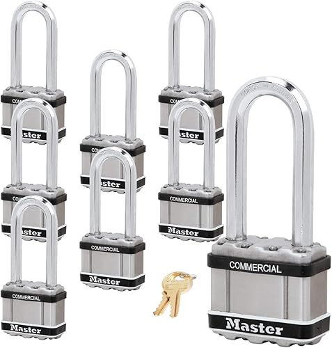 Master Lock Magnum Candado - 2 pulgadas de ancho x 2-12 pulgadas de largo, ocho (8) cerraduras iguales con llave M5NKALJSTS-8 con tecnología BumpStop