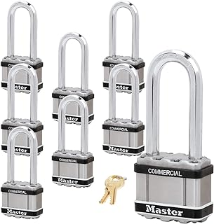 Master Lock Magnum Padlock - 2" W x 2-1/2"L Shackle, Eight (8) Keyed Alike Locks M5NKALJSTS-8 w/BumpStop Technology