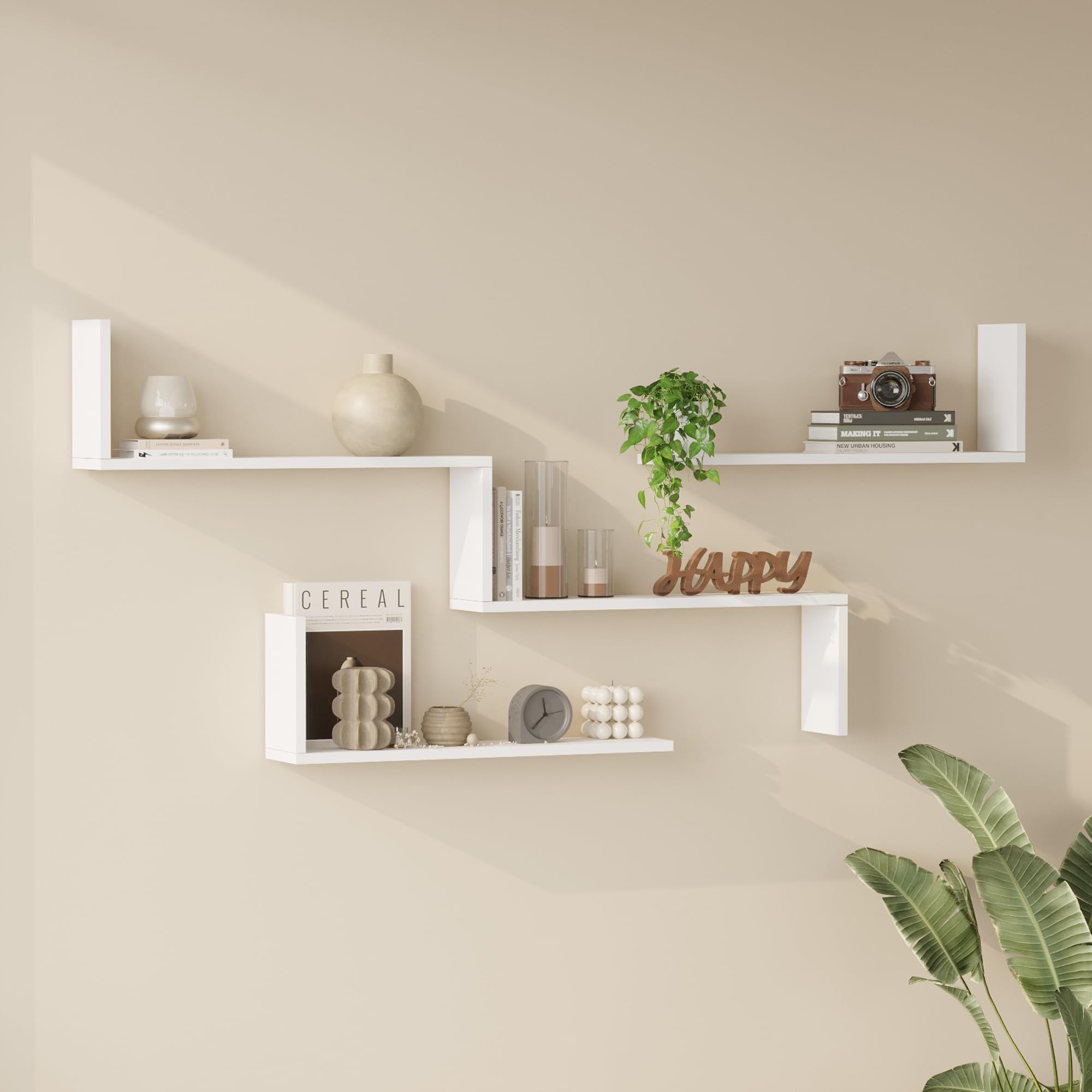 [en.casa] Set Modulare di 3 Mensole a Parete Scaffale da Muro a Gradini e 2 Ripiani Componibili per Libri Oggetti Decorativi Soggiorno Studio Cucina Ingresso - Bianco