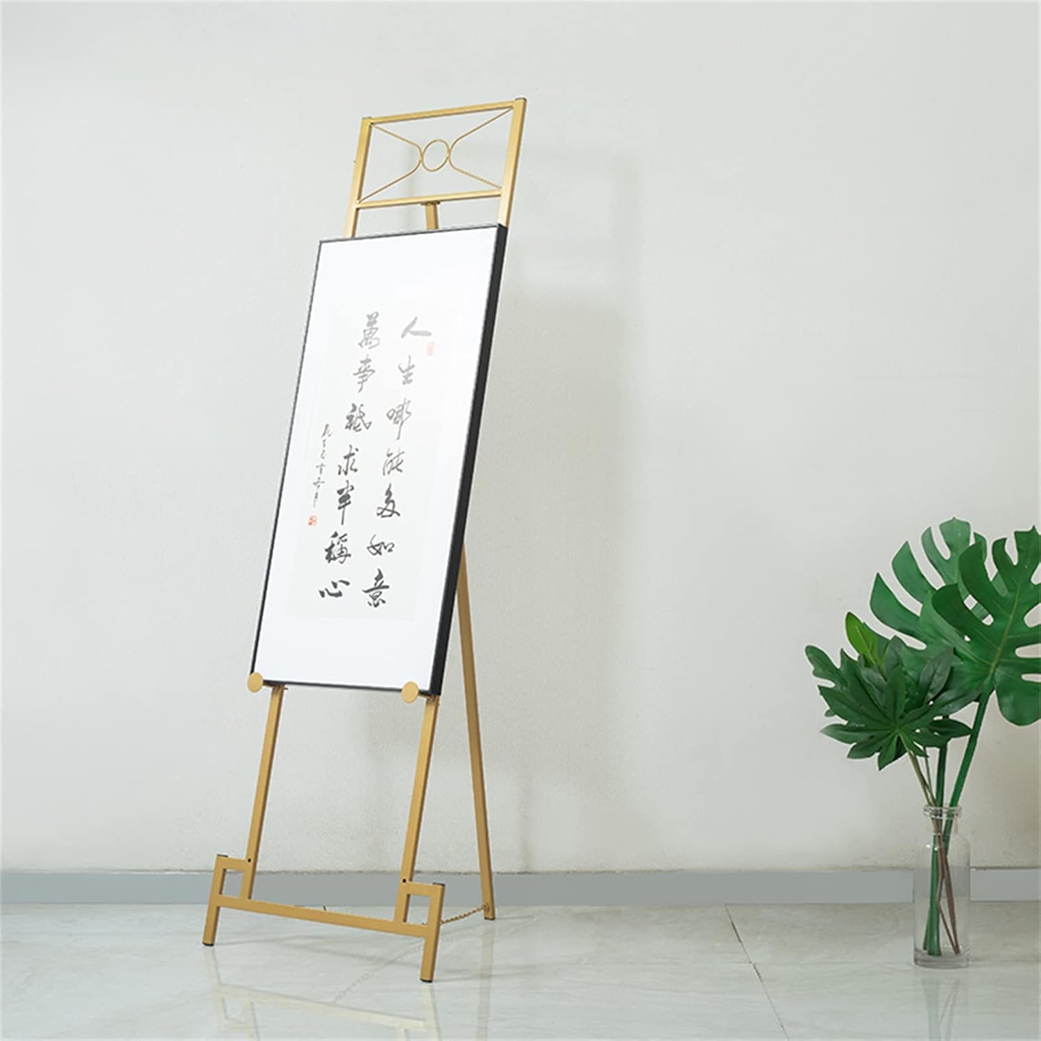 Caballete para exhibición de pinturas, soporte de exhibición de arte portátil plegable con marco en H, soporte para carteles de bodas, hoteles y restaurantes, dorado/negro/blanco, 150 cm de alto (blan