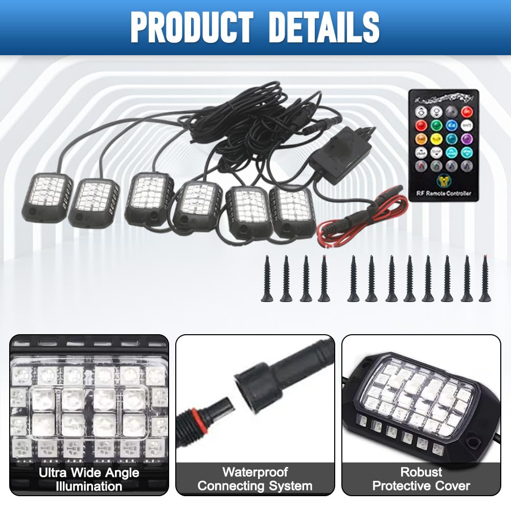 Riloer RGB Rock Ambient LED Lights Kit, 1 Set Smart Car Lights with App Control Compatible with 12 V DC Electrical Systems in Trucks, SUVs, ATVs, UTVs (6 Pods in a Set)