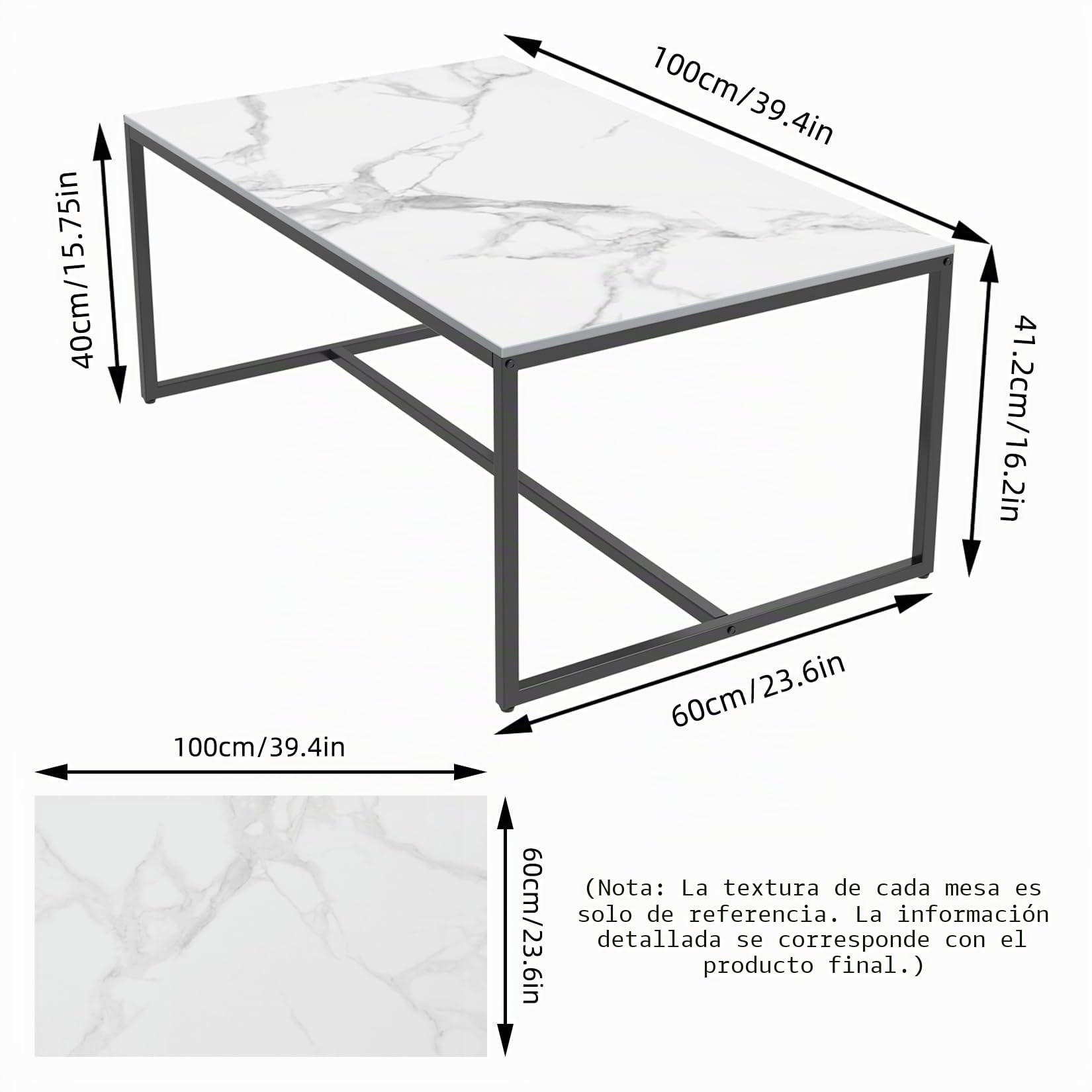 FATIVO Mesa Centro Salon de Mármol: Mesa Baja de 100x60x40cm con Marco Metálico, Mesa Auxiliare para Salon de Piedra Sinterizada para Estilo Moderno Nórdico, Ideal para Sofá (Blanco)