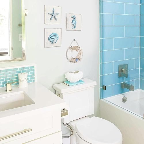 Miniatura 6 de LotFancy Decoración de pared de playa, paquete de 4, decoración 3D de conchas marinas, estrellas de mar, caballito de mar y boya salvavidas en