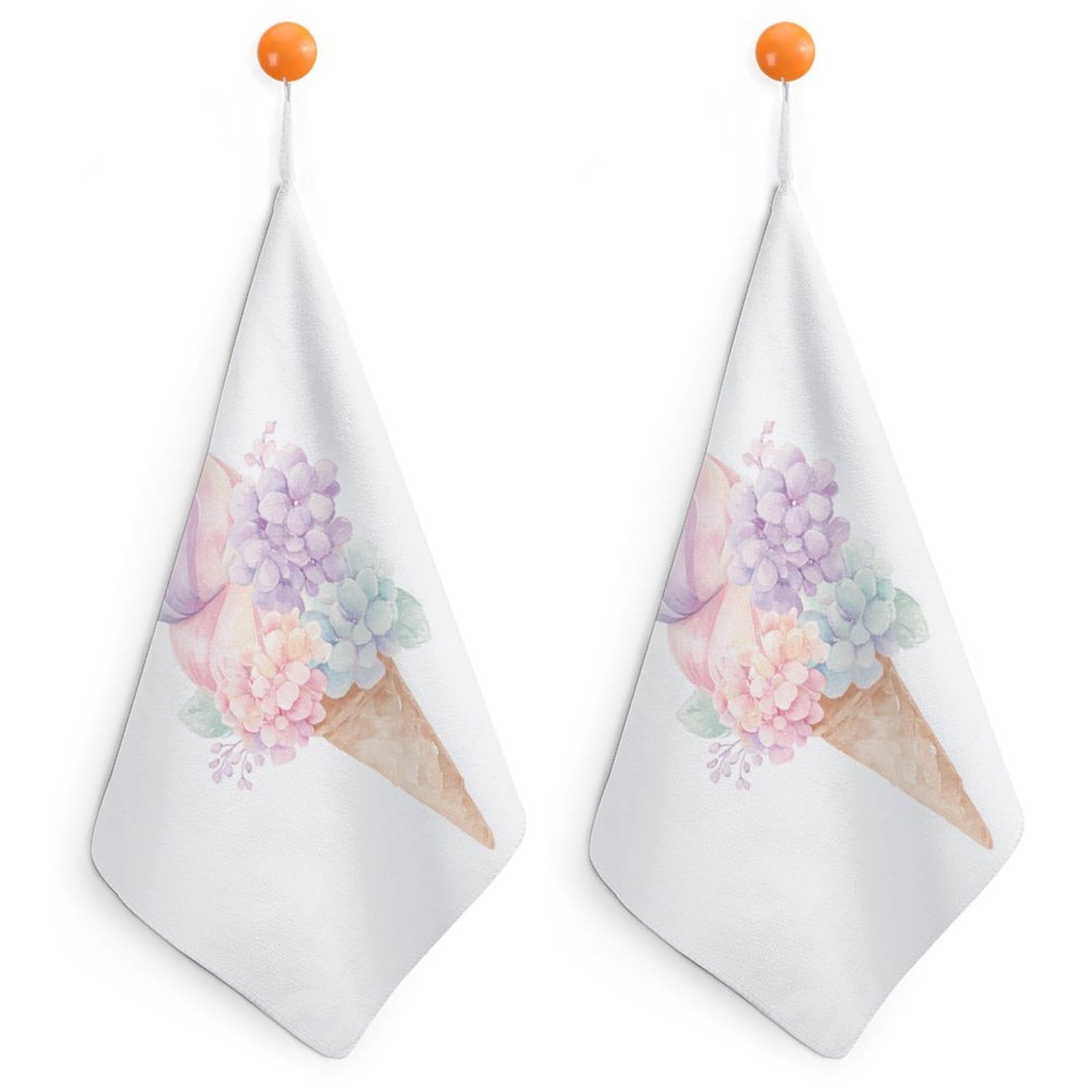 Jubonexis Pastel Rainbow Ice Cream Cone Small Hand Towel with Hanging Loop 2 PCS Absorbent Soft Wash Cloth for Kitchen Bathroom