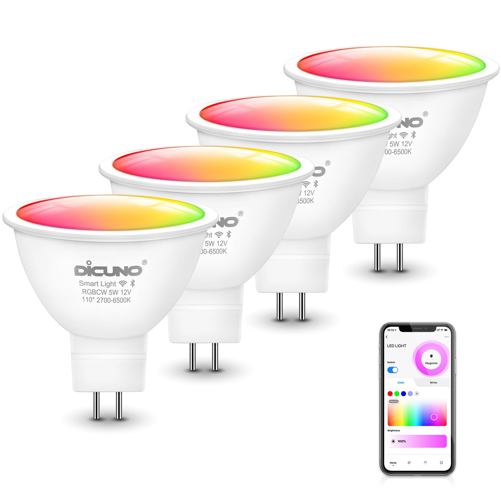 DiCUNO Bombilla LED Inteligente WiFi GU5.3, 5W Equiv. 40W, RGBCW, Pack de 4 | Regulable multicolor 2700K-6500K, 320lm, MR16 Smart LED Compatible con Alexa/Google Home, No se Requiere Concentrador