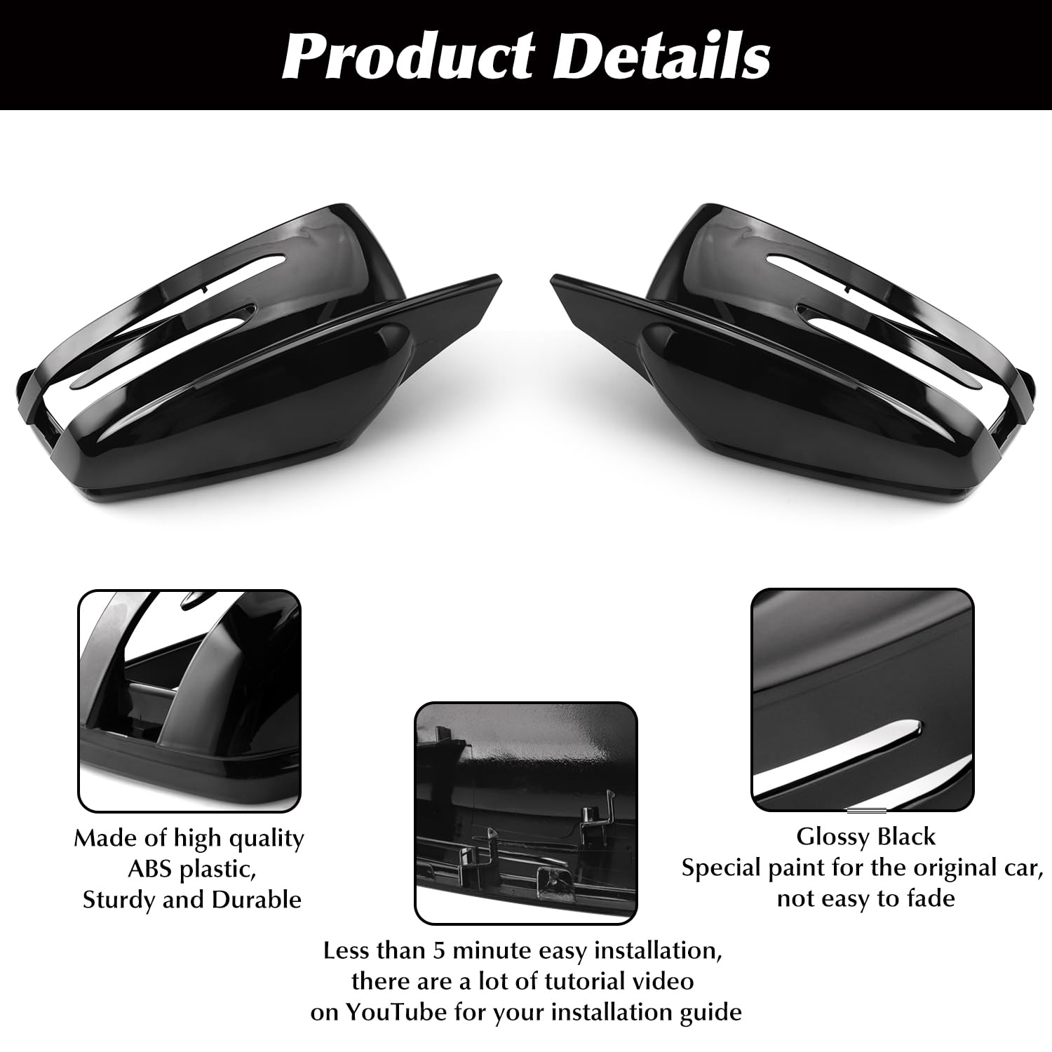 Espejo Retrovisor Cubiertas Repuesto Tapa De Cubiertas de repuesto Compatible con Class A W176 B W246 C W204 E W212 S W221 CLA C117 GLK X204 GLA X156, Negro Brillante,1 Par