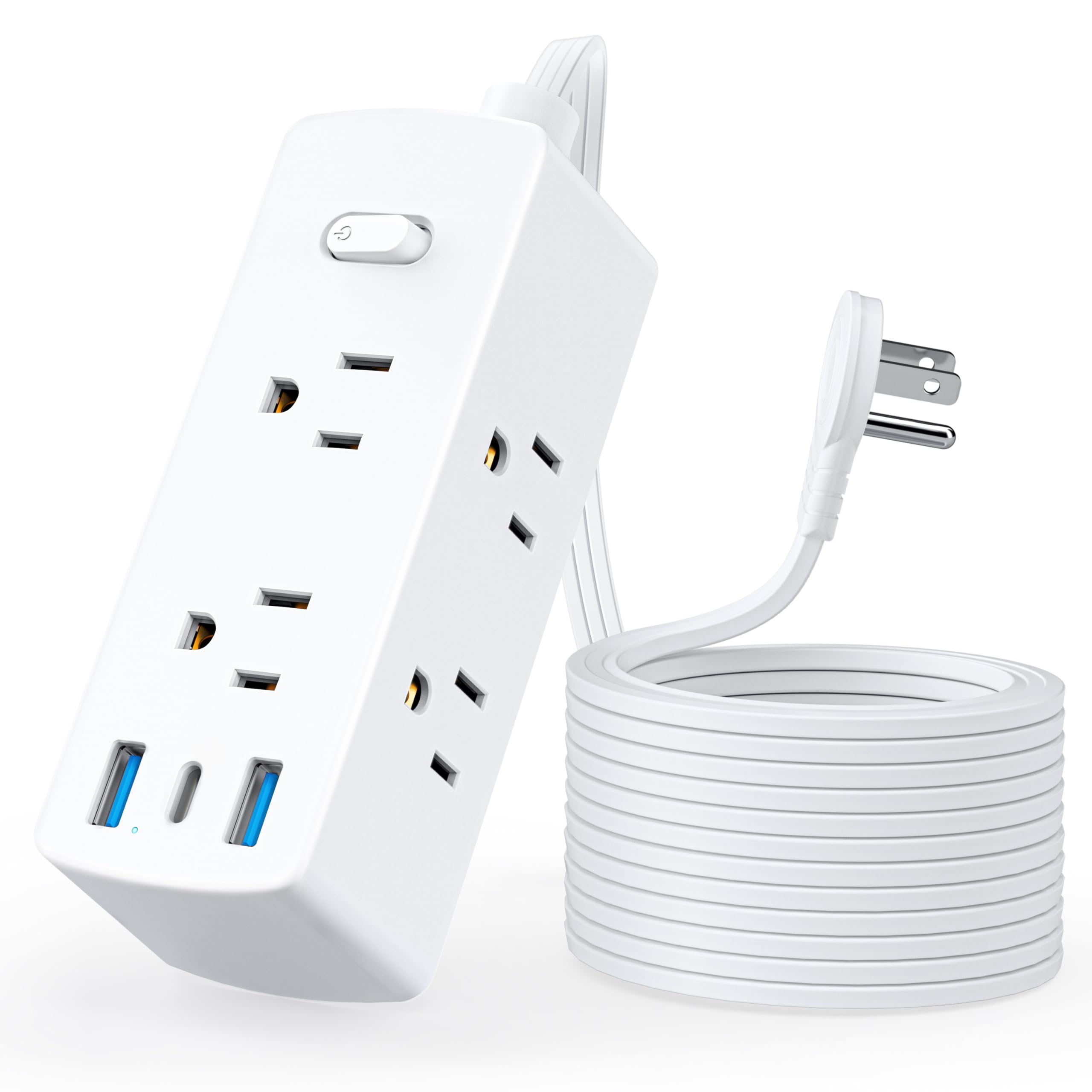 Flat Extension Cord 25Ft, Olcorife Flat Plug Power Strip with 6 Outlets 3 USB Ports(1 USB C), 3 Side Outlet Extender for Home Office Dorm Room Essentials, White