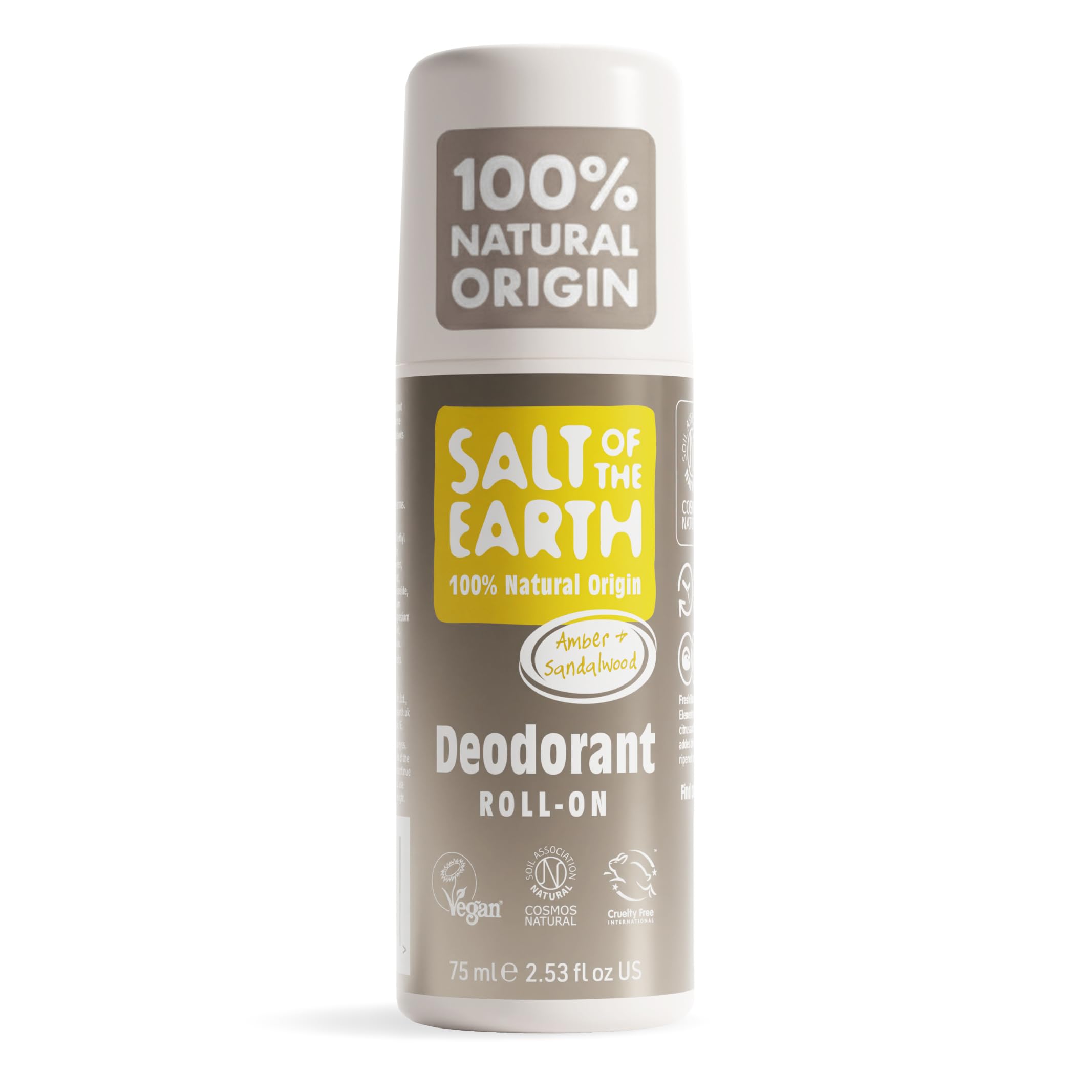 Salt of the Earth - Natural Deodorant Roll On - 100% Natural Origin Ingredients, Effective Protection, Vegan & Cruelty Free. Suitable for Men, Women & Kids - Amber & Sandalwood - 75ml