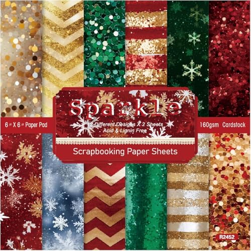 papel scrapbook,accesorios scrapbook, Paquete de 48 hojas de papel con patrón de copos de nieve y confeti con purpurina de 6' x 6', impresiones de una sola cara for hacer tarjetas y fondos de álbumes