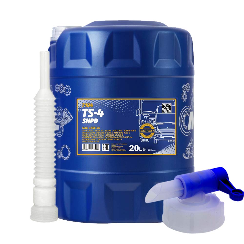 MANNOL 20l, 7104 TS-4 SHPD Extra 15W-40 Traktor LKW Boot VDs Öl + Ausgießer + Zapfhahn
