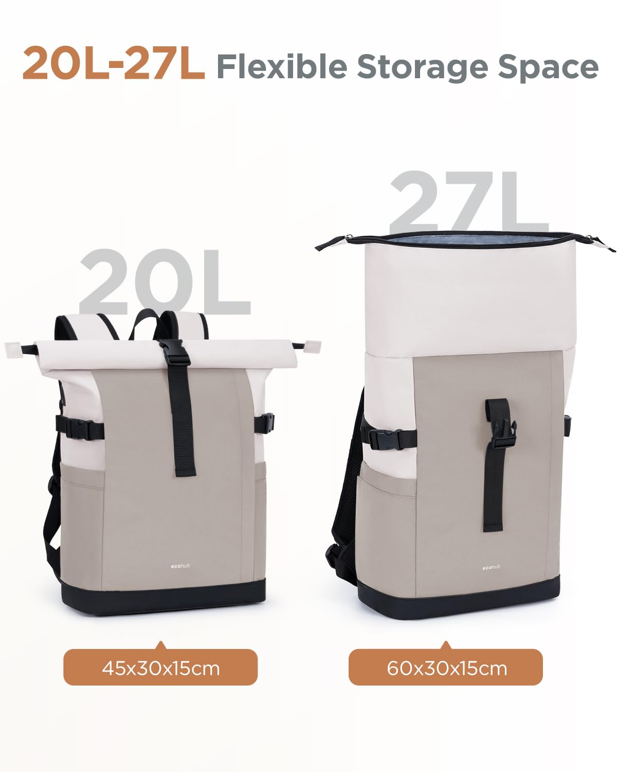 ECOHUB Rolltop Rucksack 20–27L, 15.6 Zoll Laptop Rucksack mit Schnellzugriff auf das Hauptfach ohne Öffnen des Rolltops, Urbaner Tagesrucksack für Alltag, Arbeit, Uni und Reisen(Sand Khaki) - 2