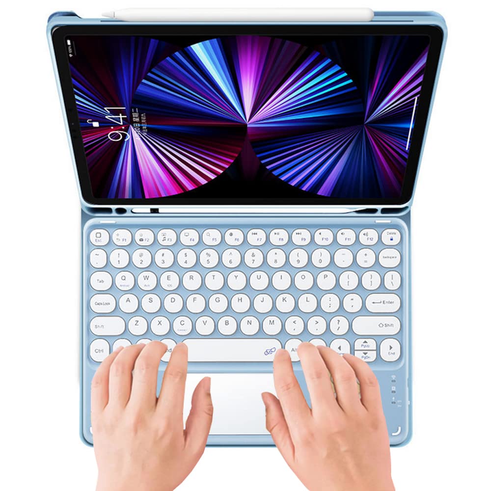 Étui clavier pour Galaxy Tab S8 / Tab S7 11" (modèle SM-X700/X706/T870/T875/T876), mignon clavier rond couleur tactile clavier et souris avec porte-stylet S, bleu