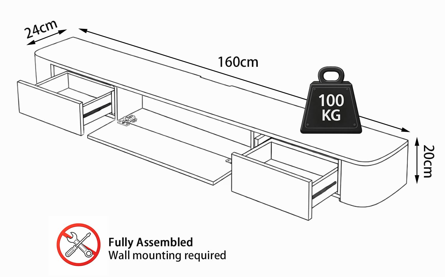 Meuble TV Suspendu Moderne | Console multimédia de Divertissement Murale | Grand Banc de Rangement pour TV pour Salon et Bureau (Blanc Bois, 160cm)