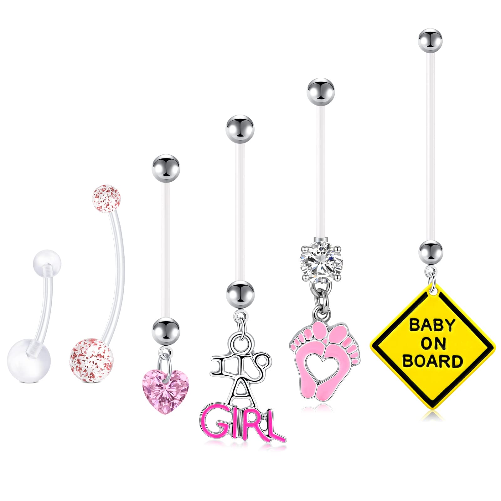 Funseedrr 6pcs Piercing Ombligo Embarazada Flexible Bioflex 14G 14/18/25/32/35/38mm Largo Barra Colgantes Ombligo Piercing