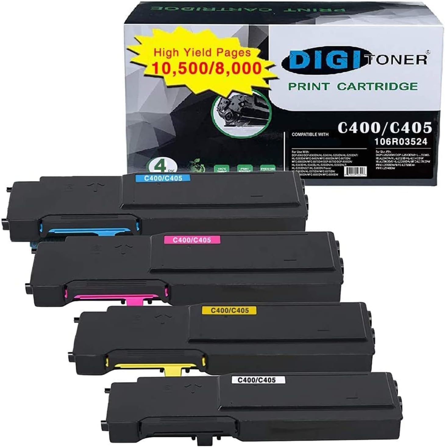 TonerPlusUSACompatible C400 C405 High Yield Toner Cartridge Replacement for Xerox 106R03524 106R03513 106R03514 106R03515 Toner Use for Xerox VersaLink C400 C405 C400DN MFP C405DN (4 Pack)