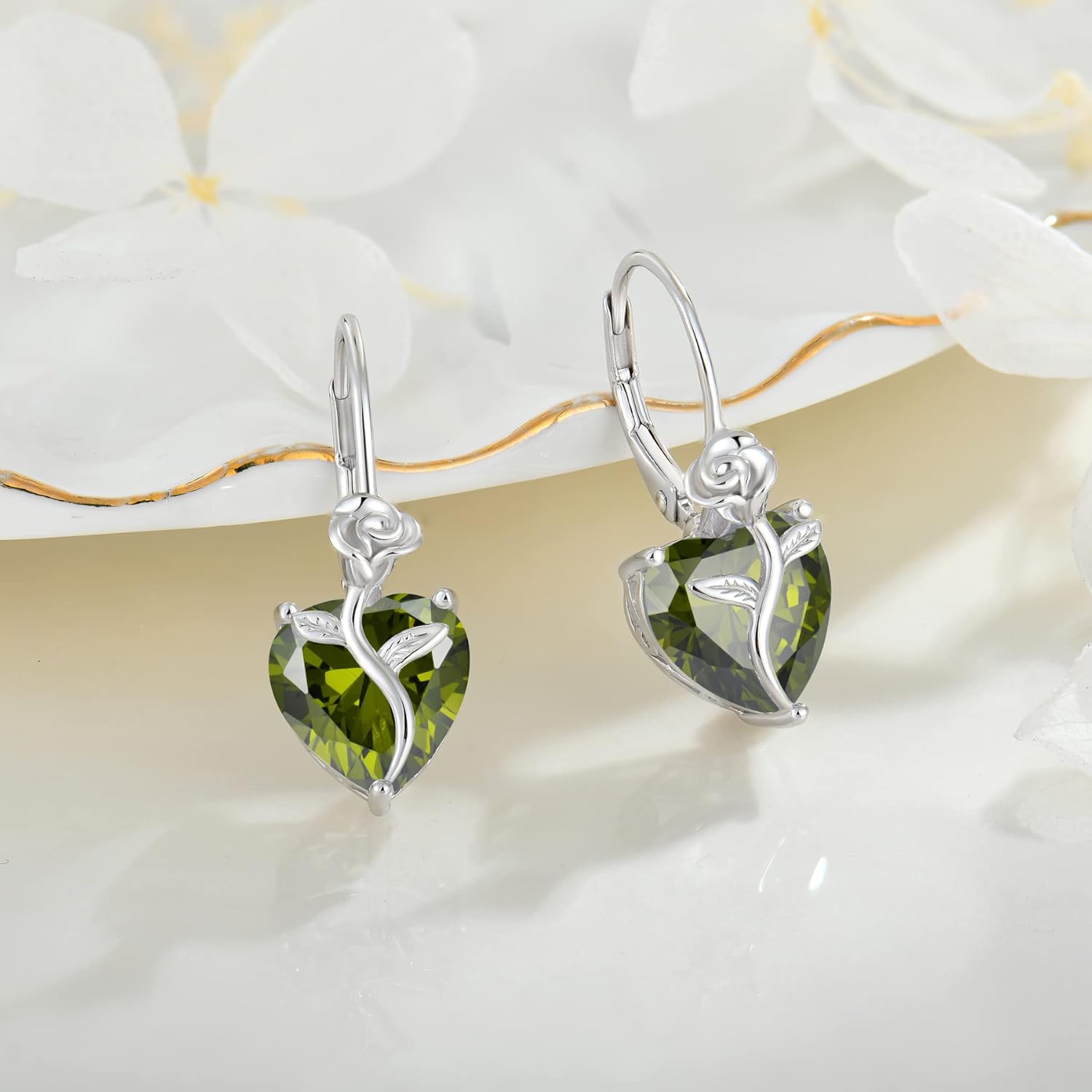 FJ Heart Dangle Drop Earrings 925 Sterling Silver Rose Flower Leverback Earrings Birthstone Jewelry for Women - Image 4