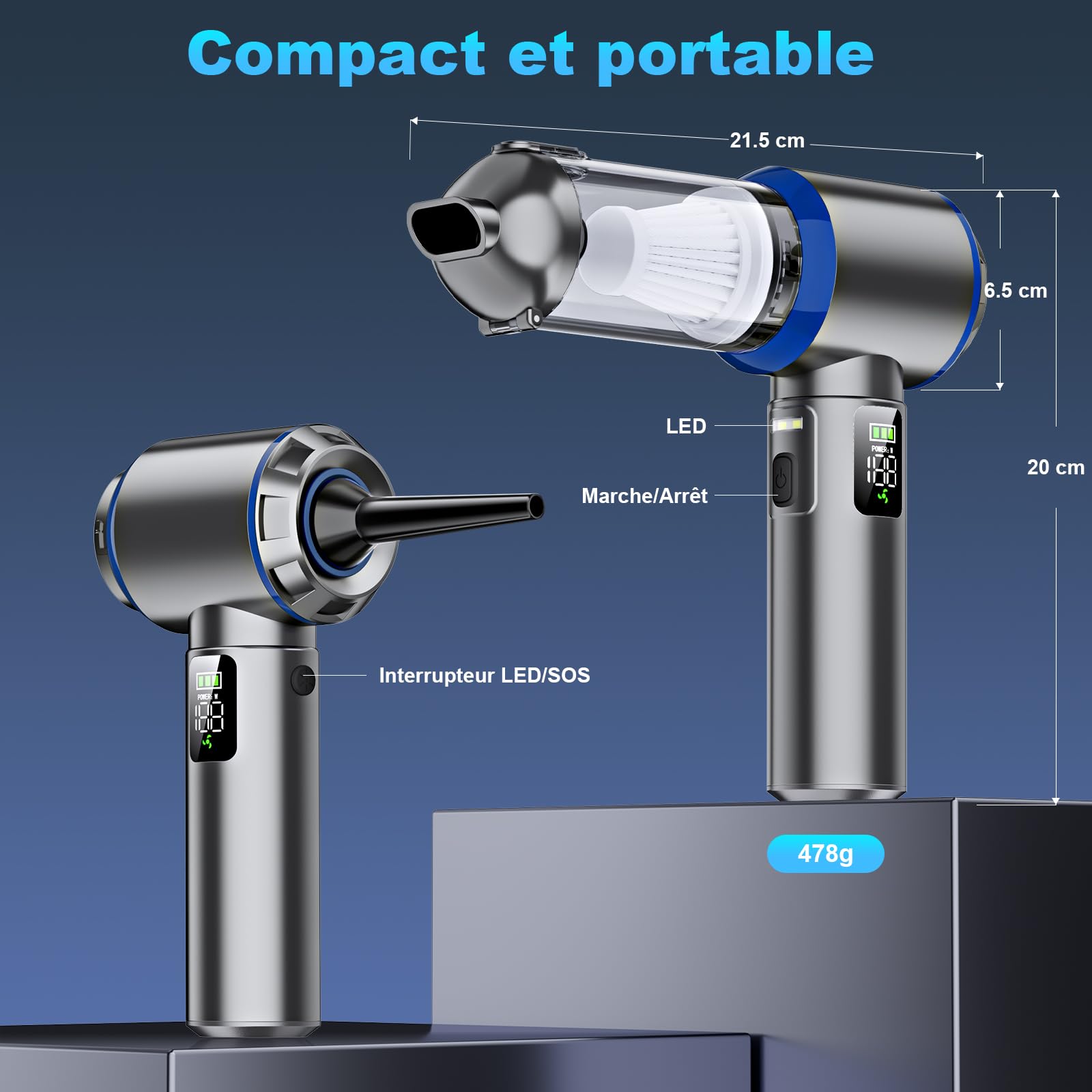 Aspirateur à main sans fil 4 en 1, 32000 PA puissant, aspirateur à main de voiture, 3 vitesses 300 000 tr/min, moteur sans brosse, écran LCD, pour voiture, bureau