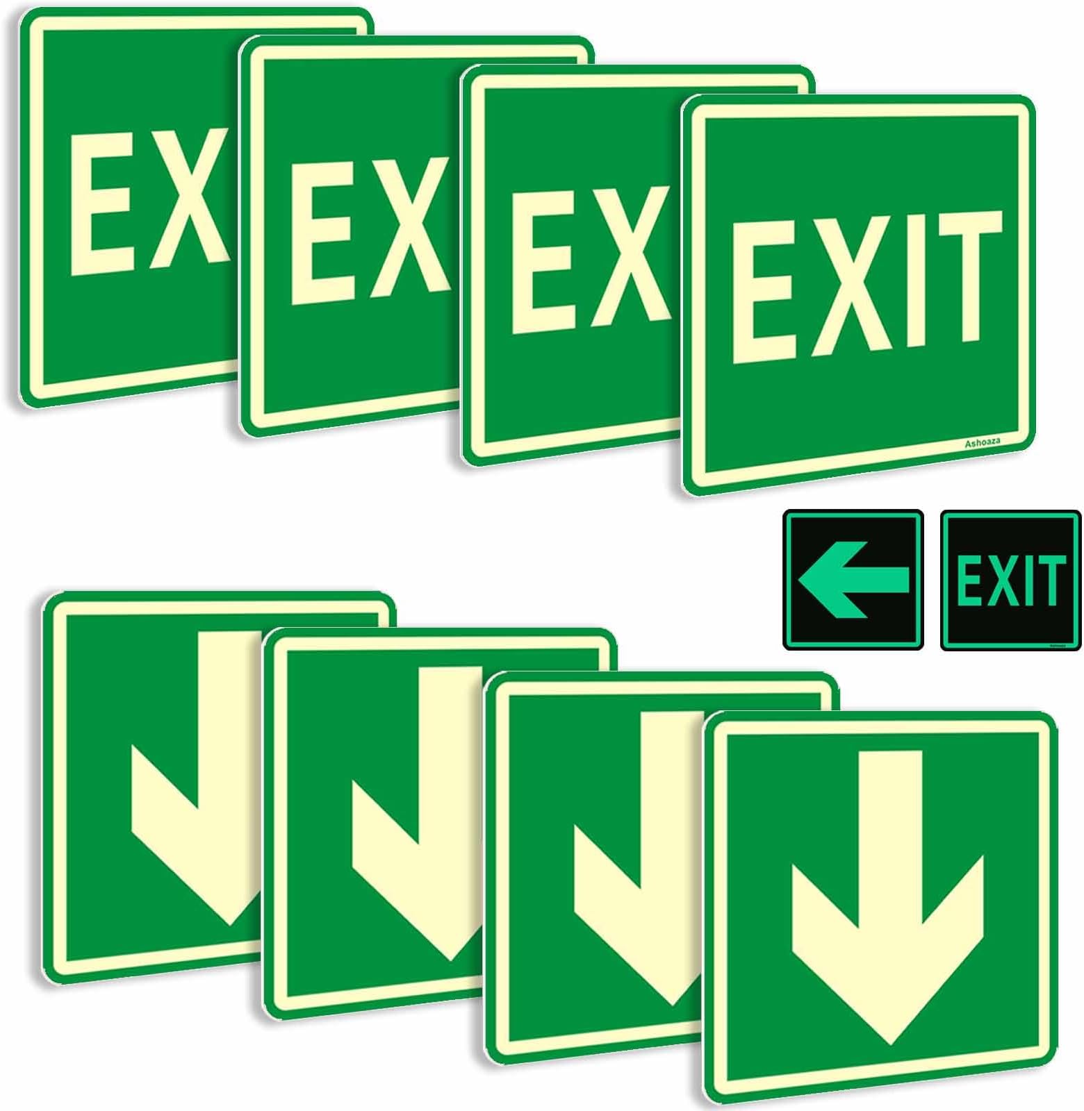Emergency Exit Only Sign Glow in the Dark Vinyl Exit Decals, 8 Pcs Luminous Exit Stickers, (Cm 15x15), Exit Signs for Business with Directional Arrow of Exit Light