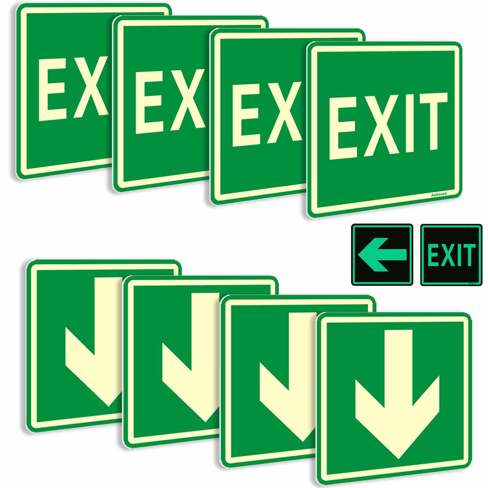 Emergency Exit Only Sign Glow in the Dark Vinyl Exit Decals, 8 Pcs Luminous Exit Stickers, (Cm 15x15), Exit Signs for Business with Directional Arrow
