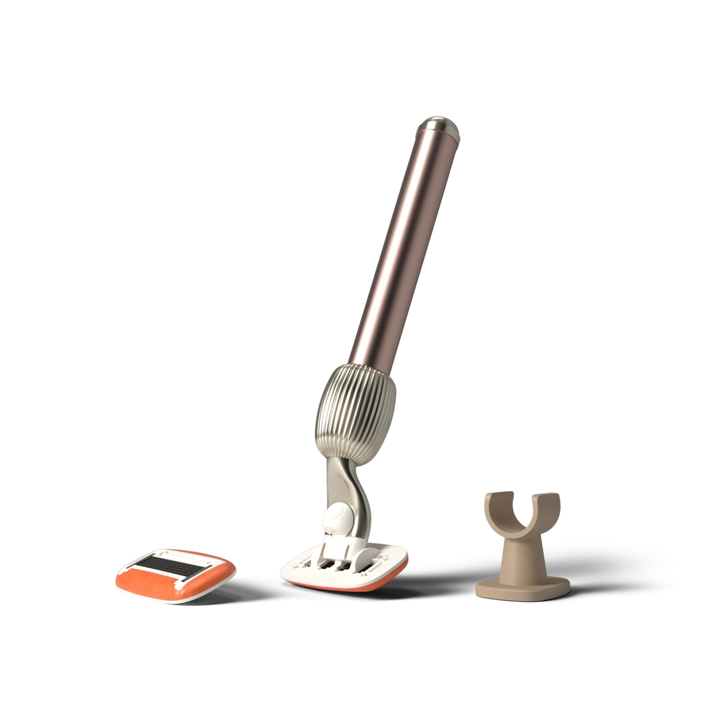 Fler The Razor Starter Set - Maquinilla de Afeitar para Mujer con Cabezales Intercambiables, con Soporte y 2 Cuchillas de Repuesto, Maquinillas unisex, Cuchilla con Aloe Vera, Vitamina E (Rosa)